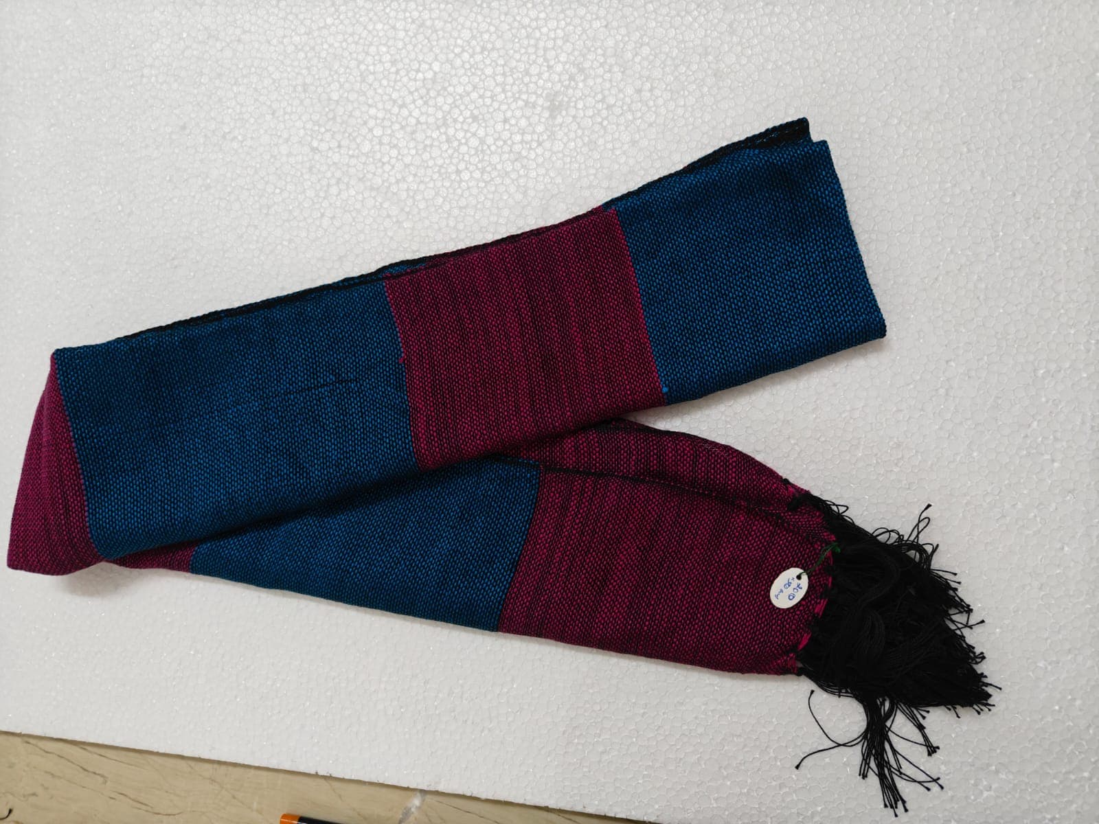 Saori handwoven stole — blue and wine colour block