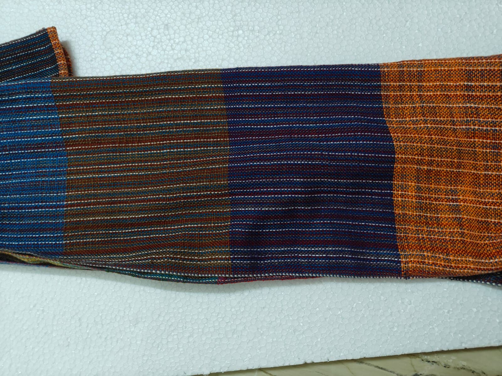 Saori handwoven stole — brown, navy and orange colour block