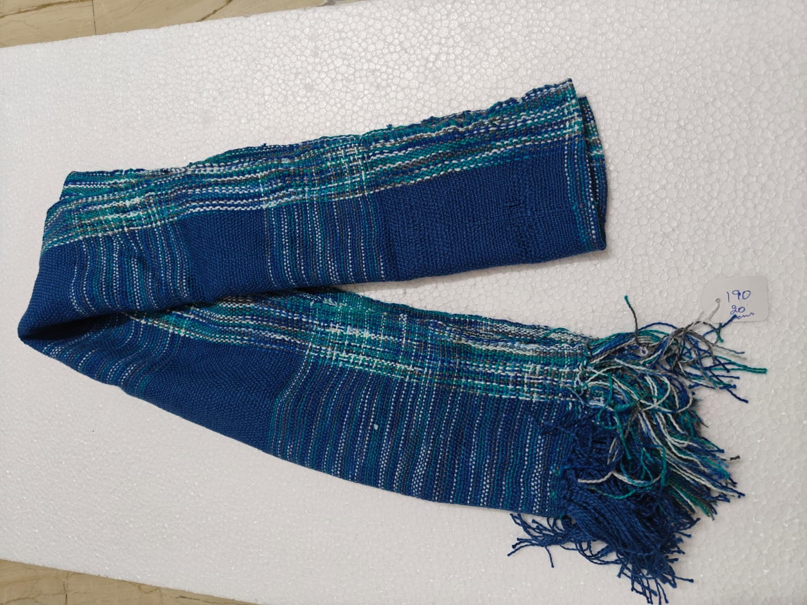 Saori handwoven stole — blue and teal stripes