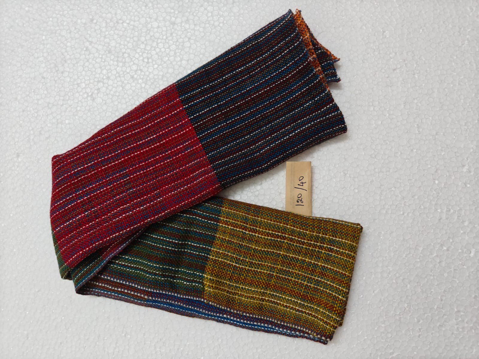 Saori handwoven stole — wine, blue and mustard colour block