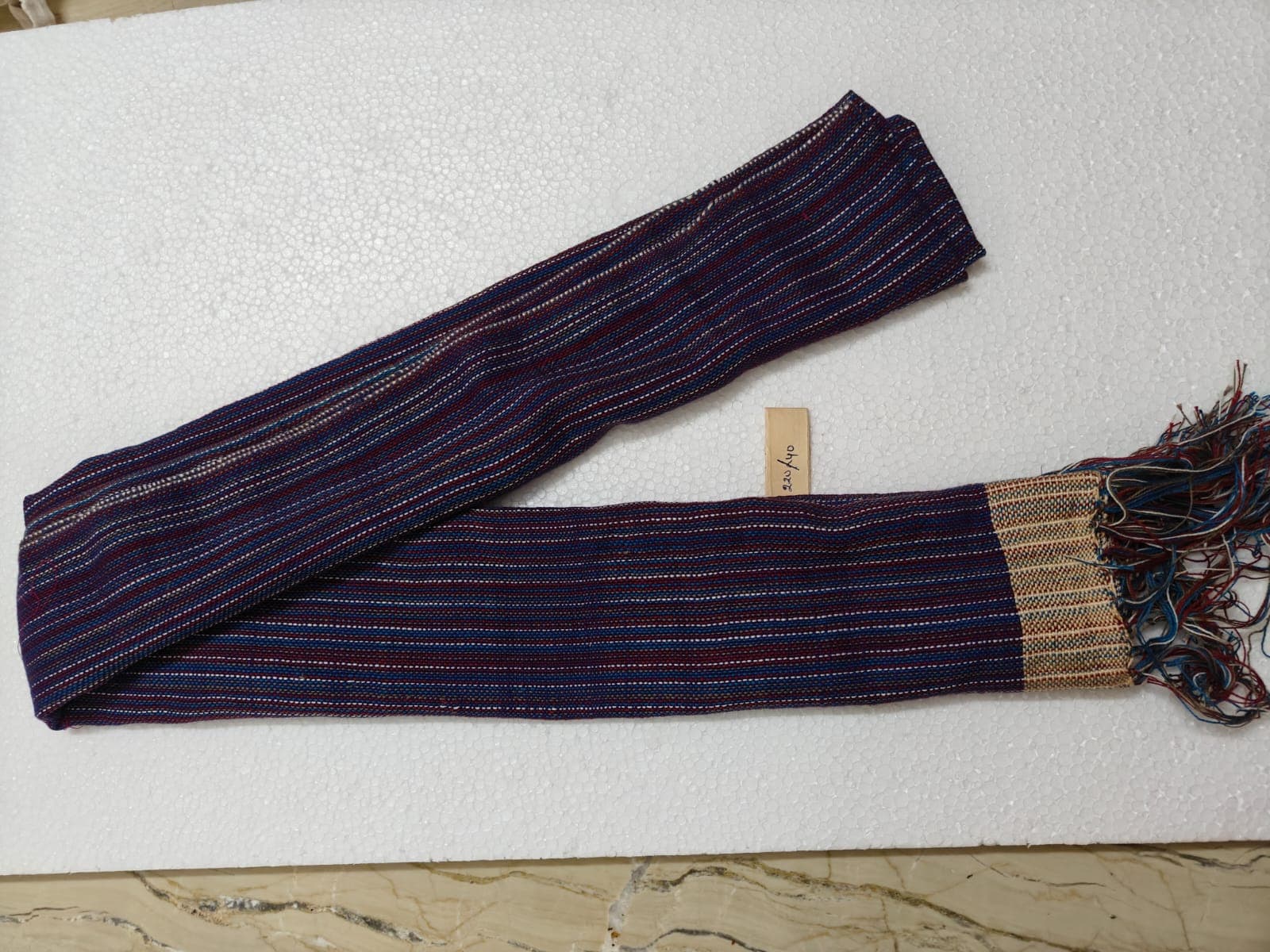 Saori handwoven stole — violet and navy stripes with mustard band
