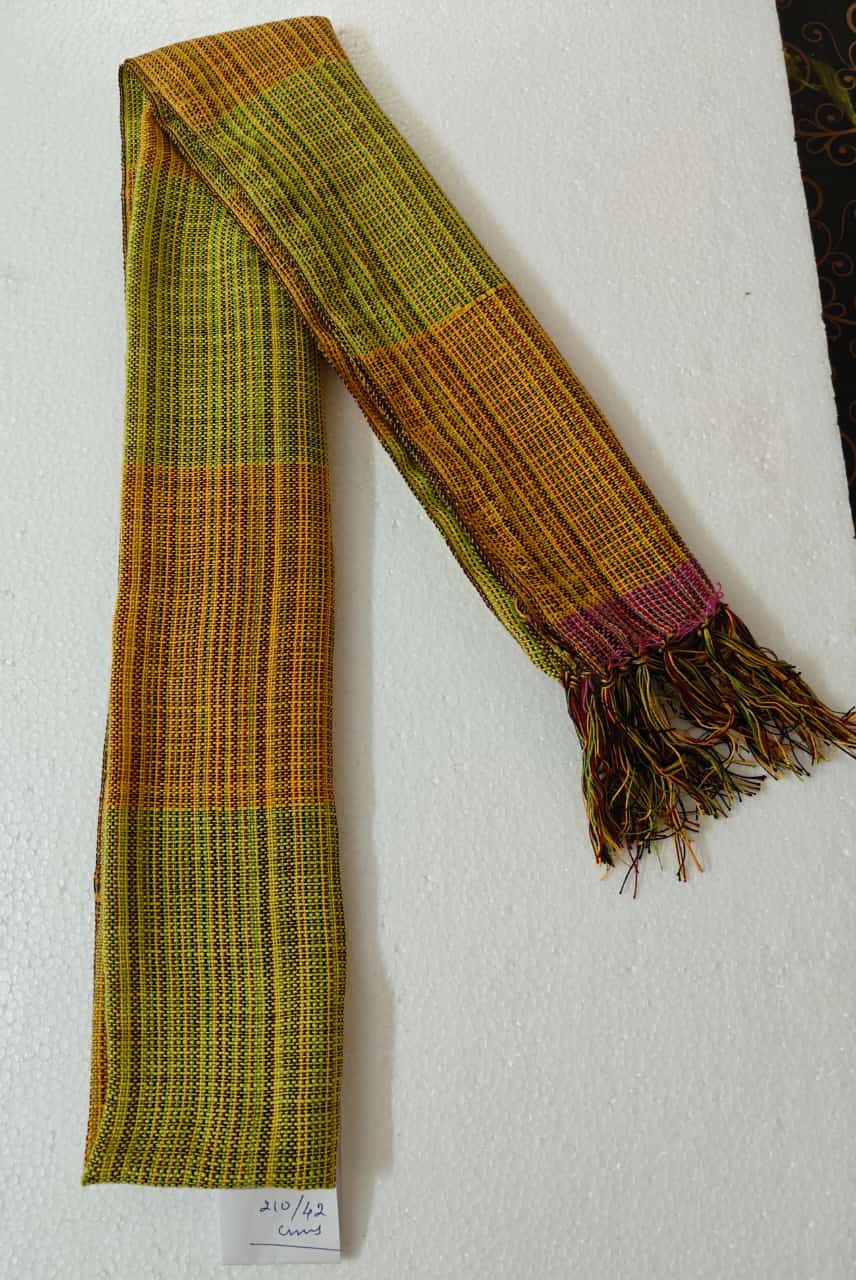 Saori handwoven stole — mustard and magenta colour block