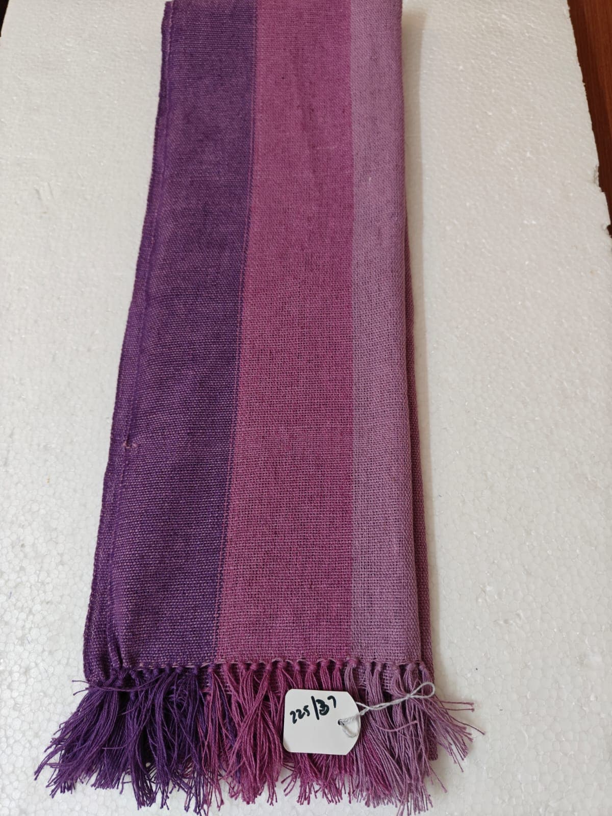 Saori handwoven stole — aubergine and rose