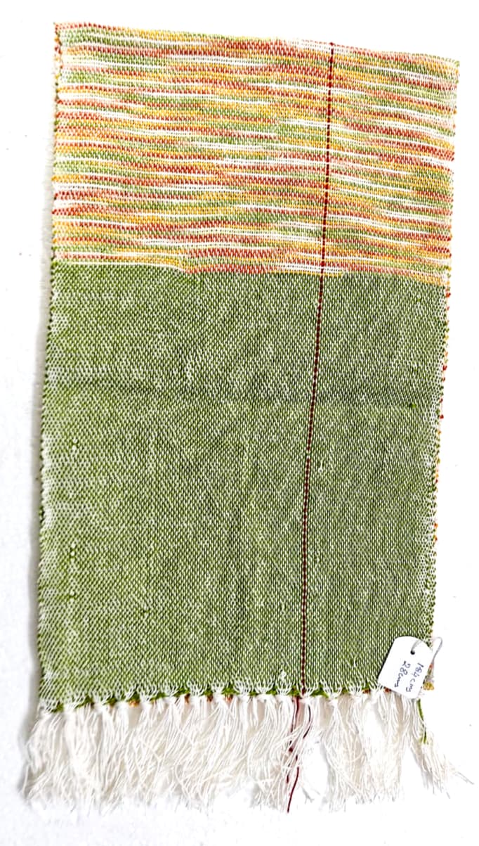 Saori handwoven stole — moss green with peach and cream band