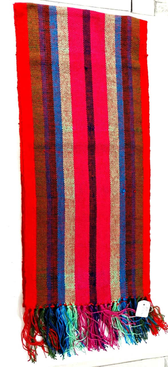 Saori handwoven stole — red with pink, blue and grey stripes