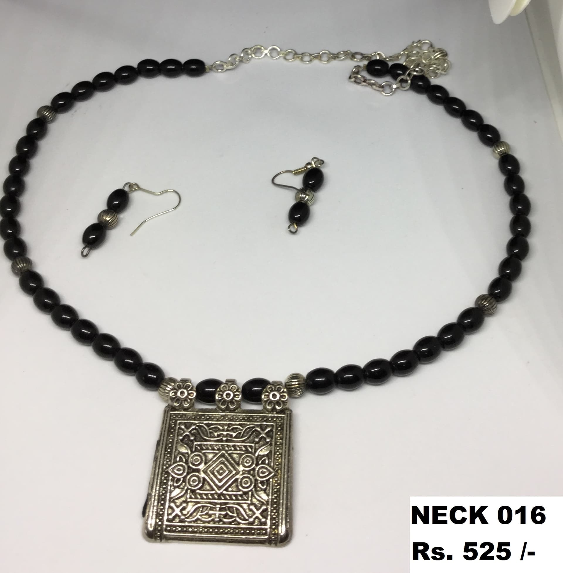 Necklace and earring set — black with a silver square pendant