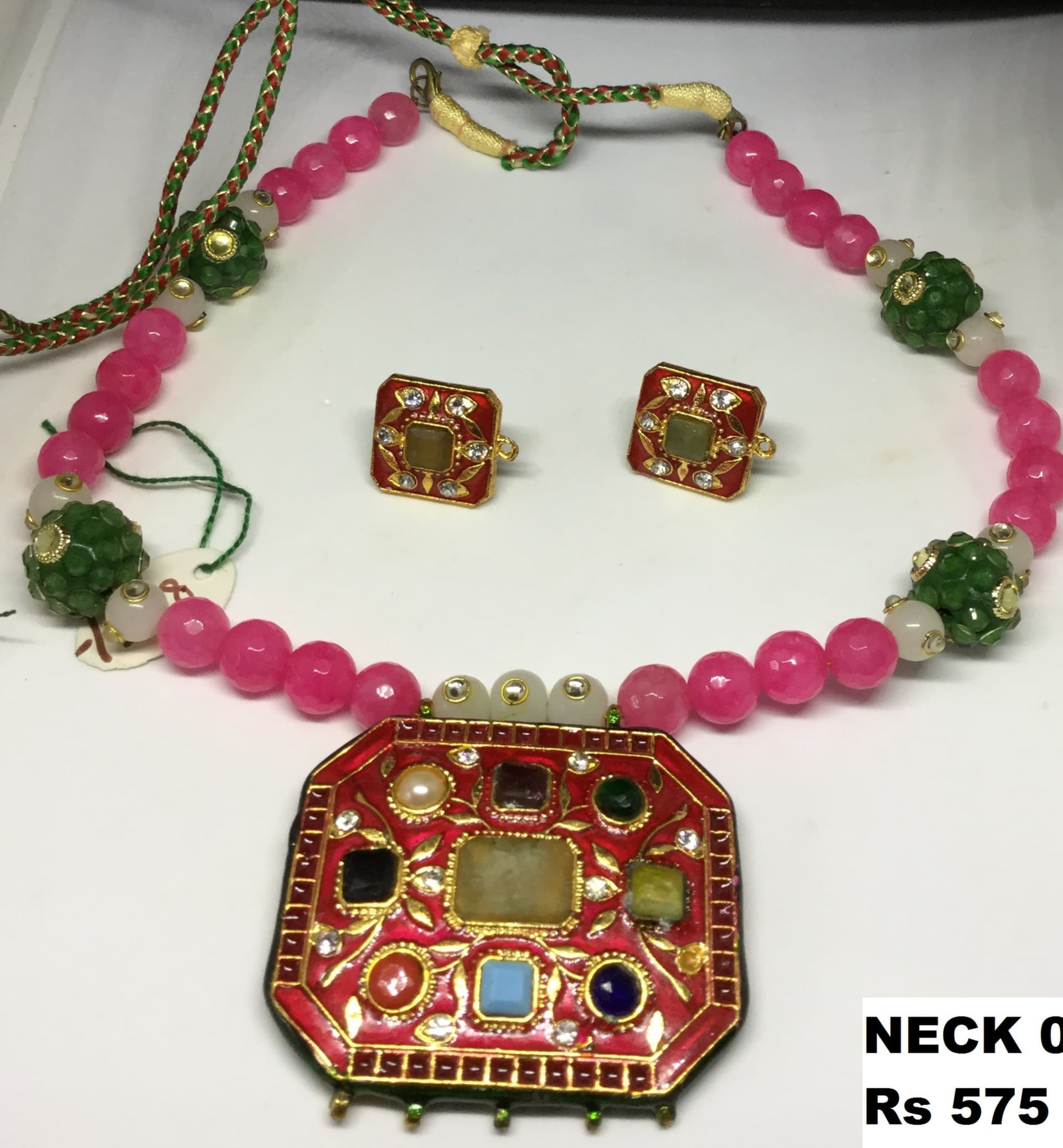 Necklace and earring set — pink and green with a red enamel pendant