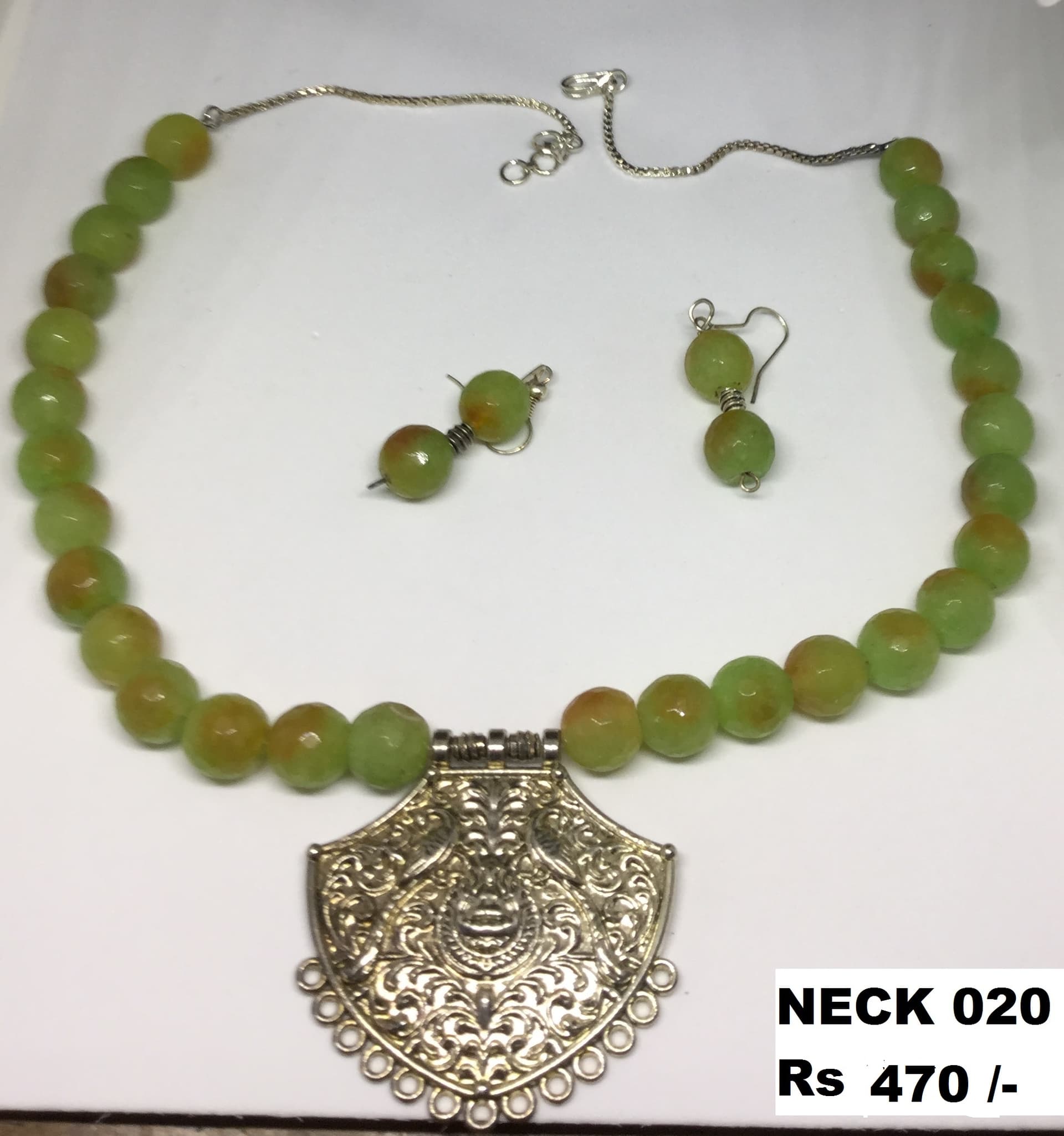 Necklace and earring set — olive green with a silver fan pendant