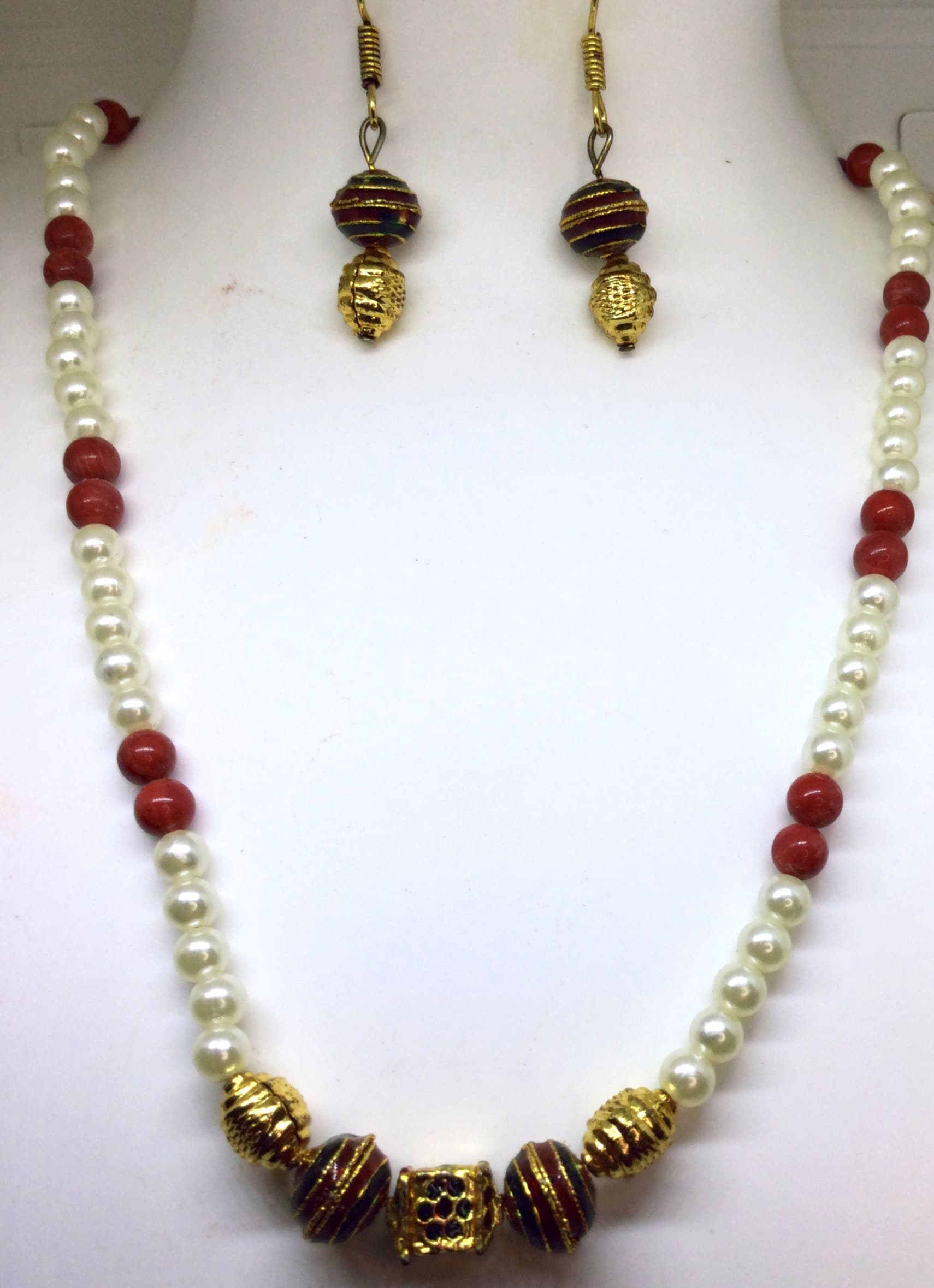 Necklace and earring set — pearl white with wine and gold