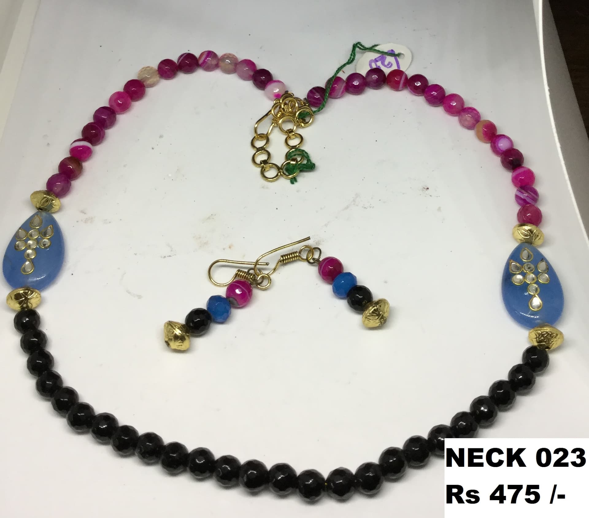 Necklace and earring set — black with pink and blue stones