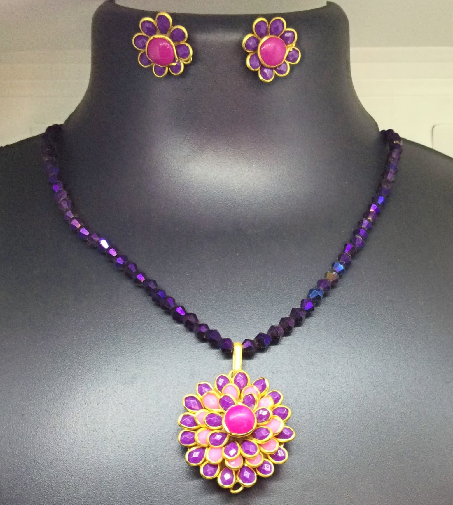 Necklace and earring set — violet with a pink flower pendant