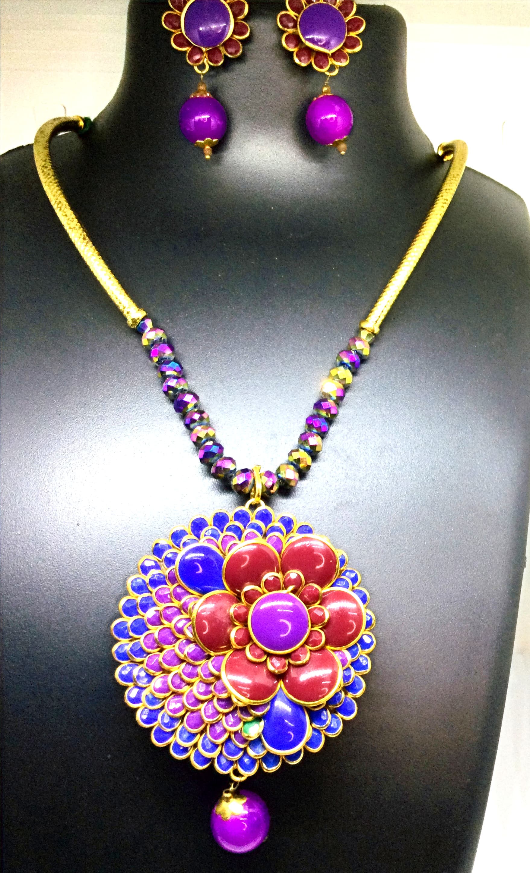 Necklace and earring set — pink and blue stones with a jewelled flower