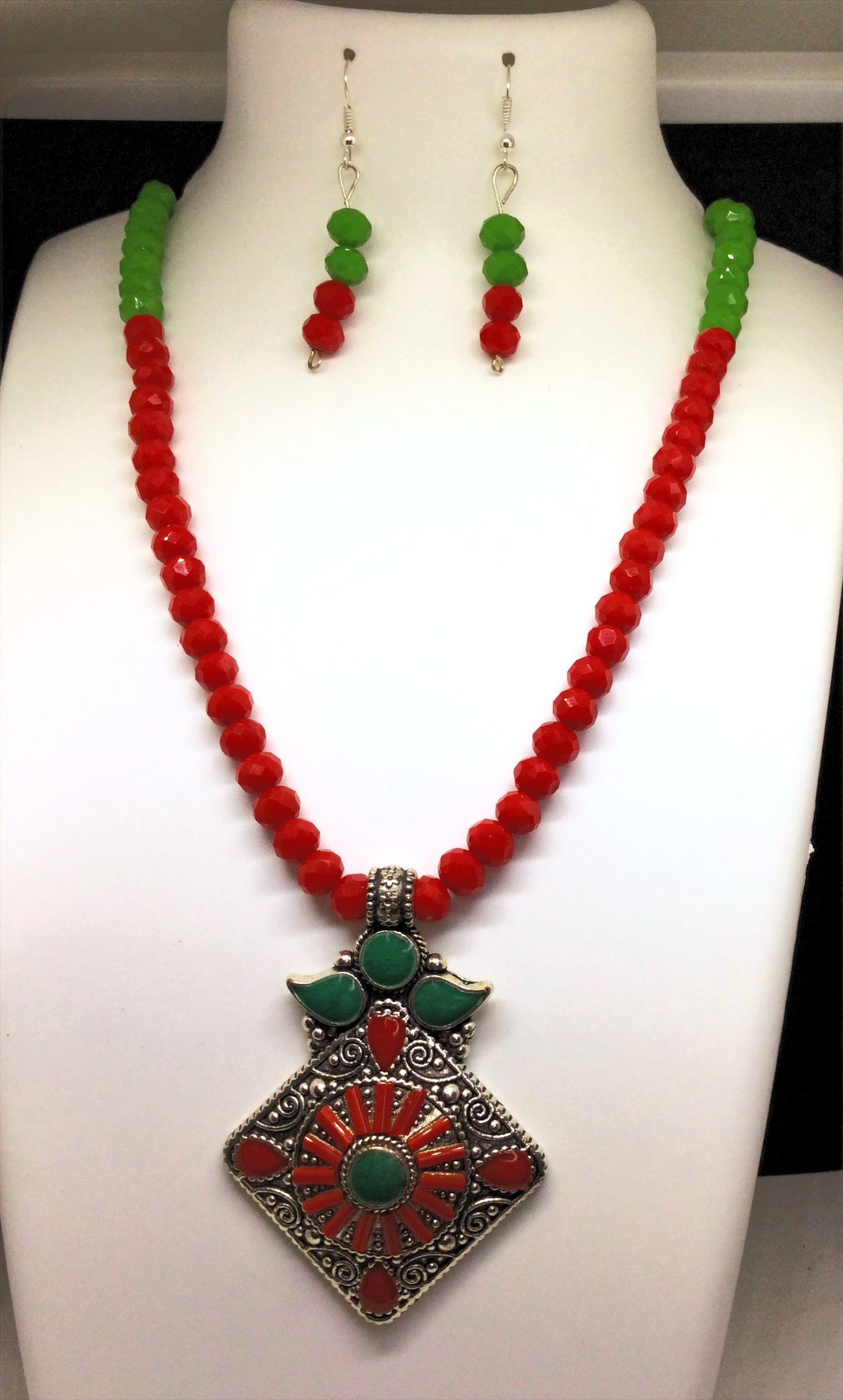 Necklace and earring set — red with a silver and blue pendant