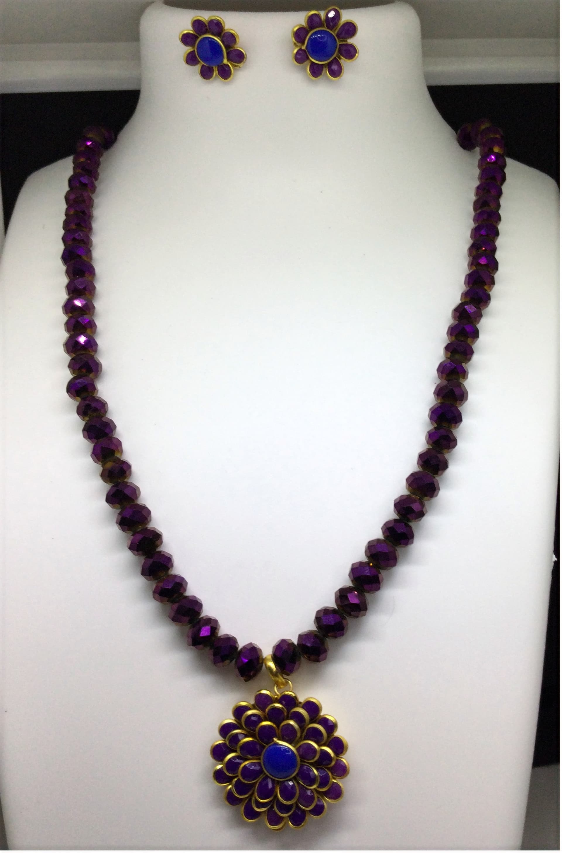Necklace and earring set — wine red with a jewelled pendant