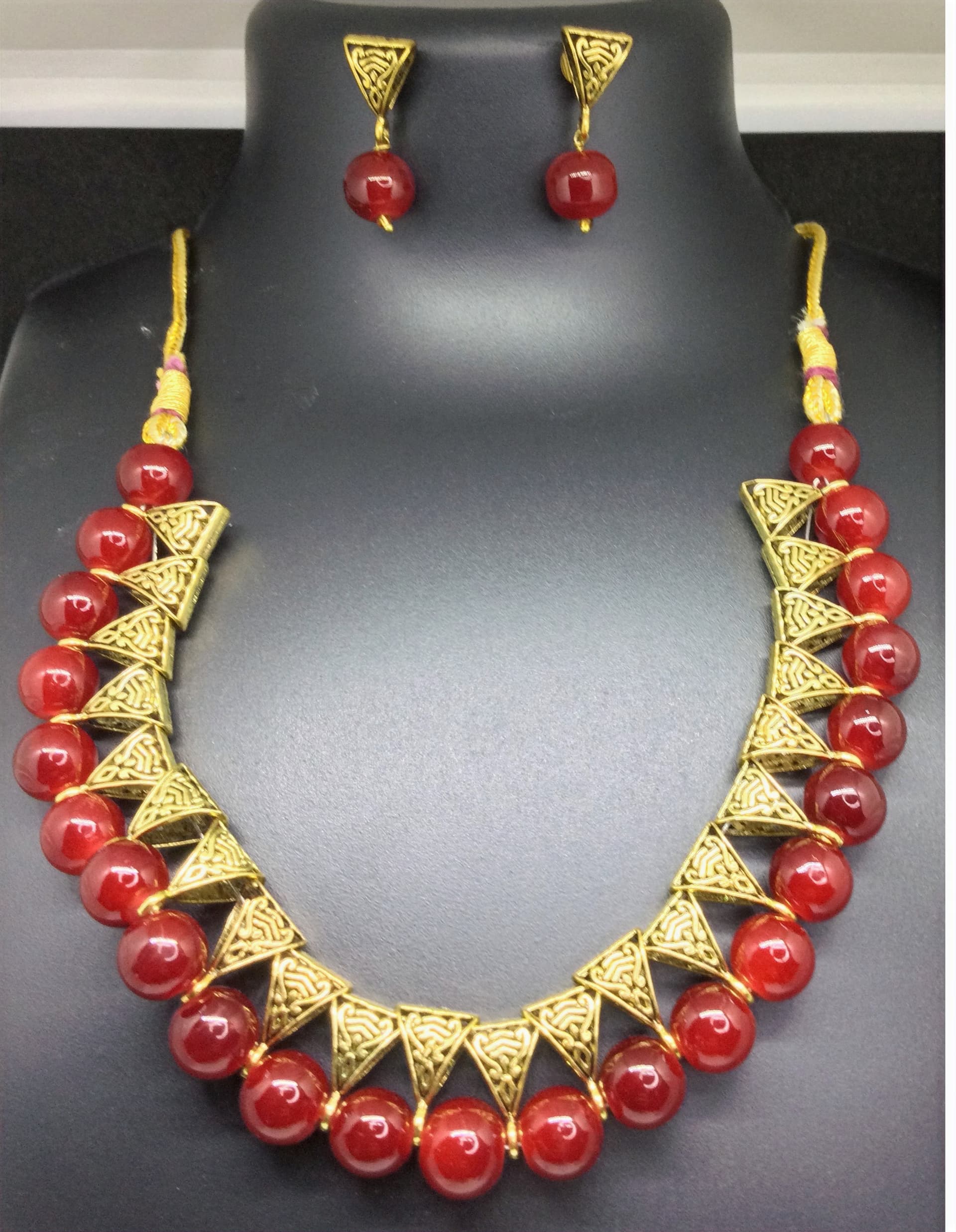 Necklace and earring set — coral red with gold leaf drops