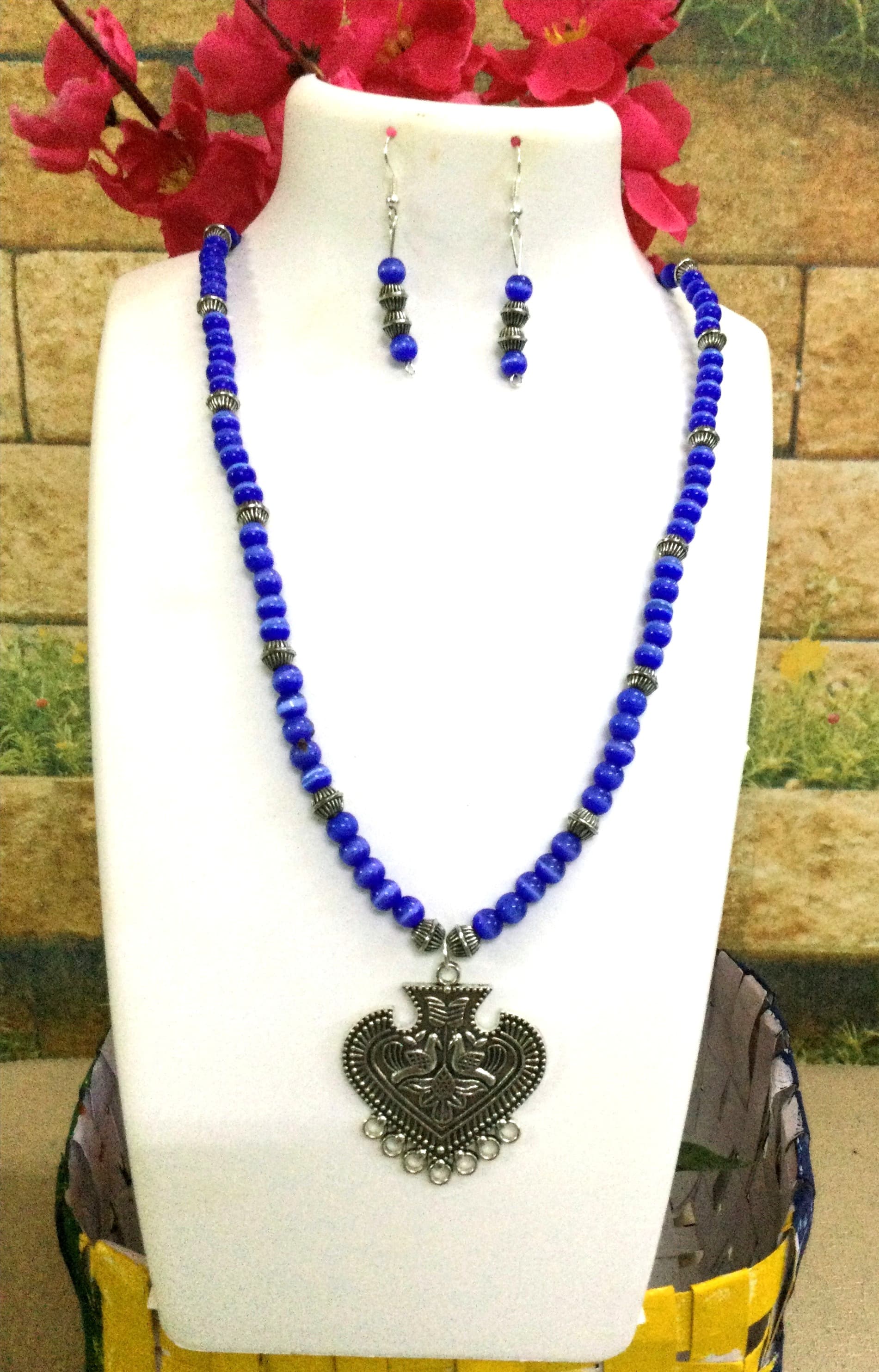 Necklace and earring set — royal blue with a silver heart pendant