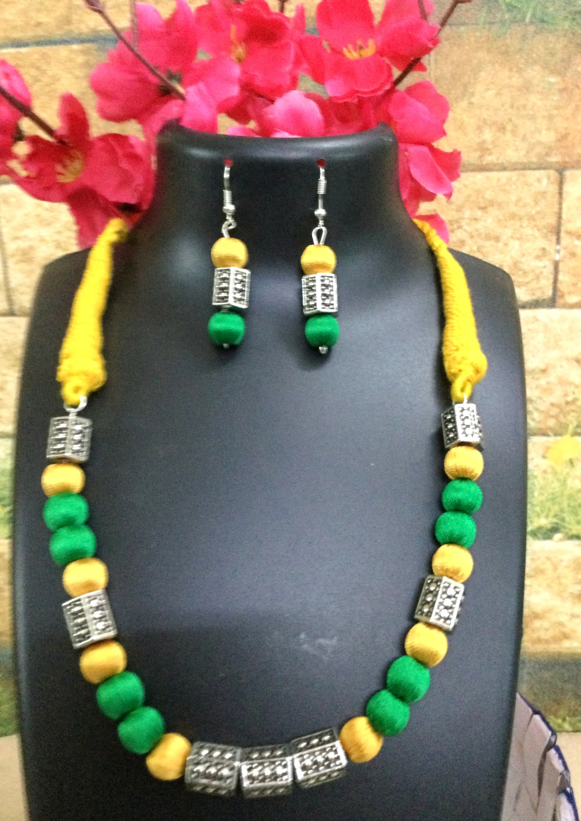 Necklace and earring set — yellow and green with silver spacers