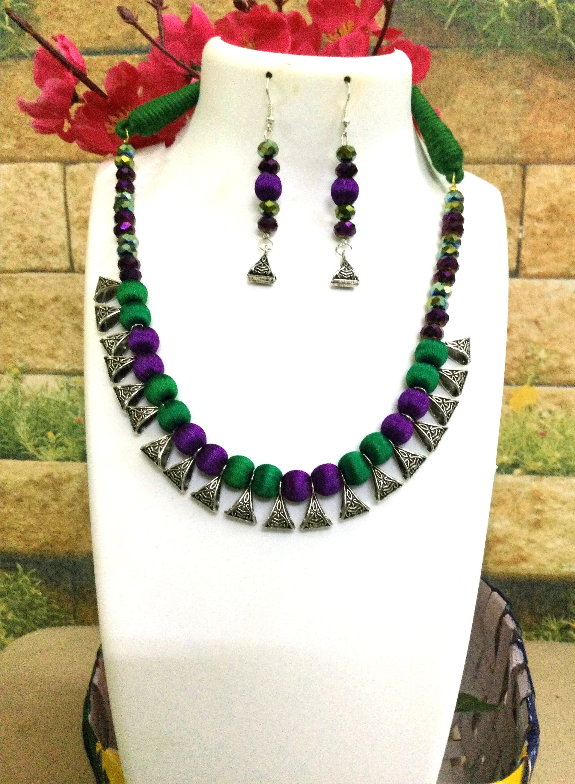 Necklace and earring set — green and silver