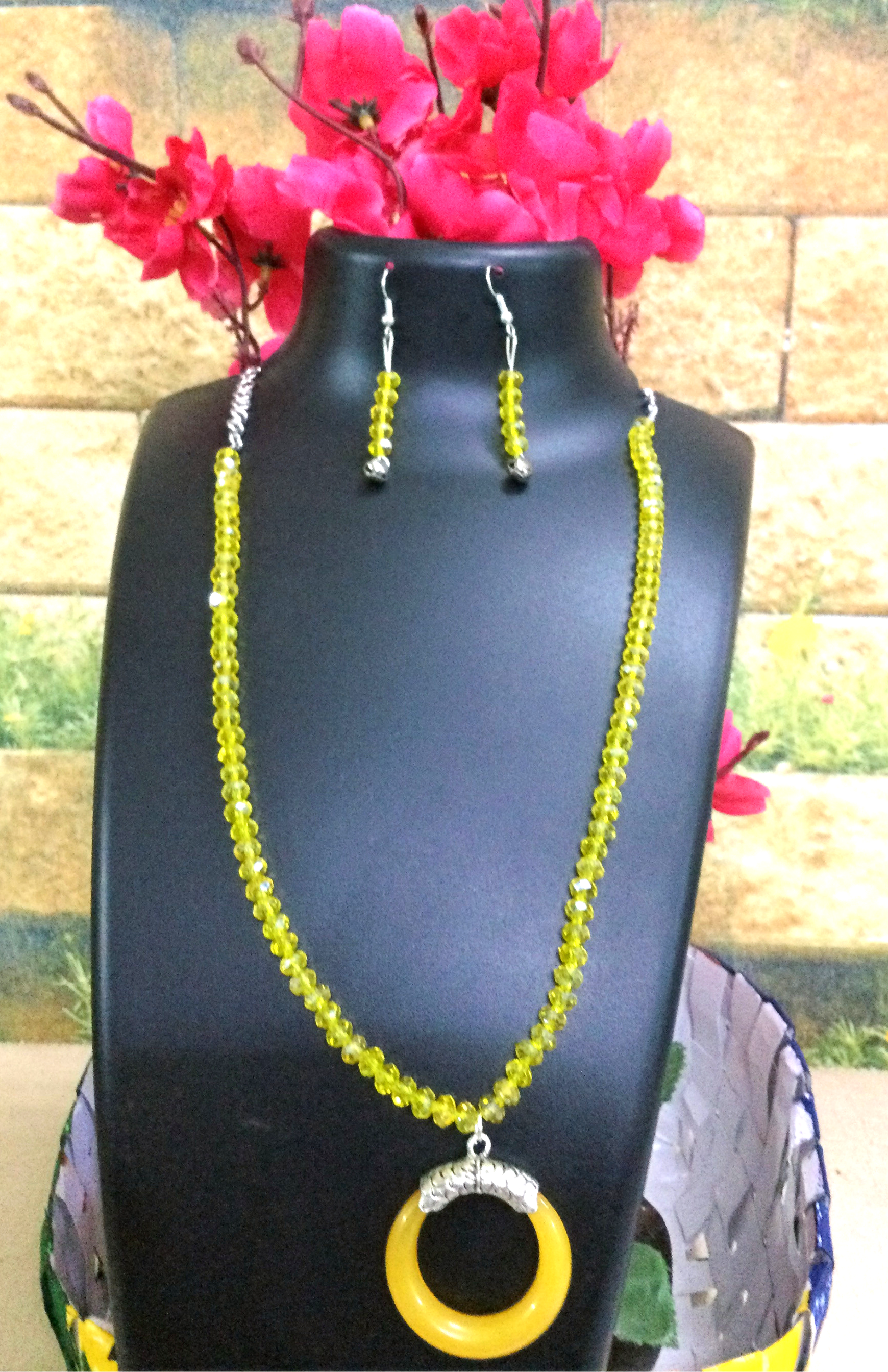 Necklace and earring set — chartreuse with a yellow ring pendant
