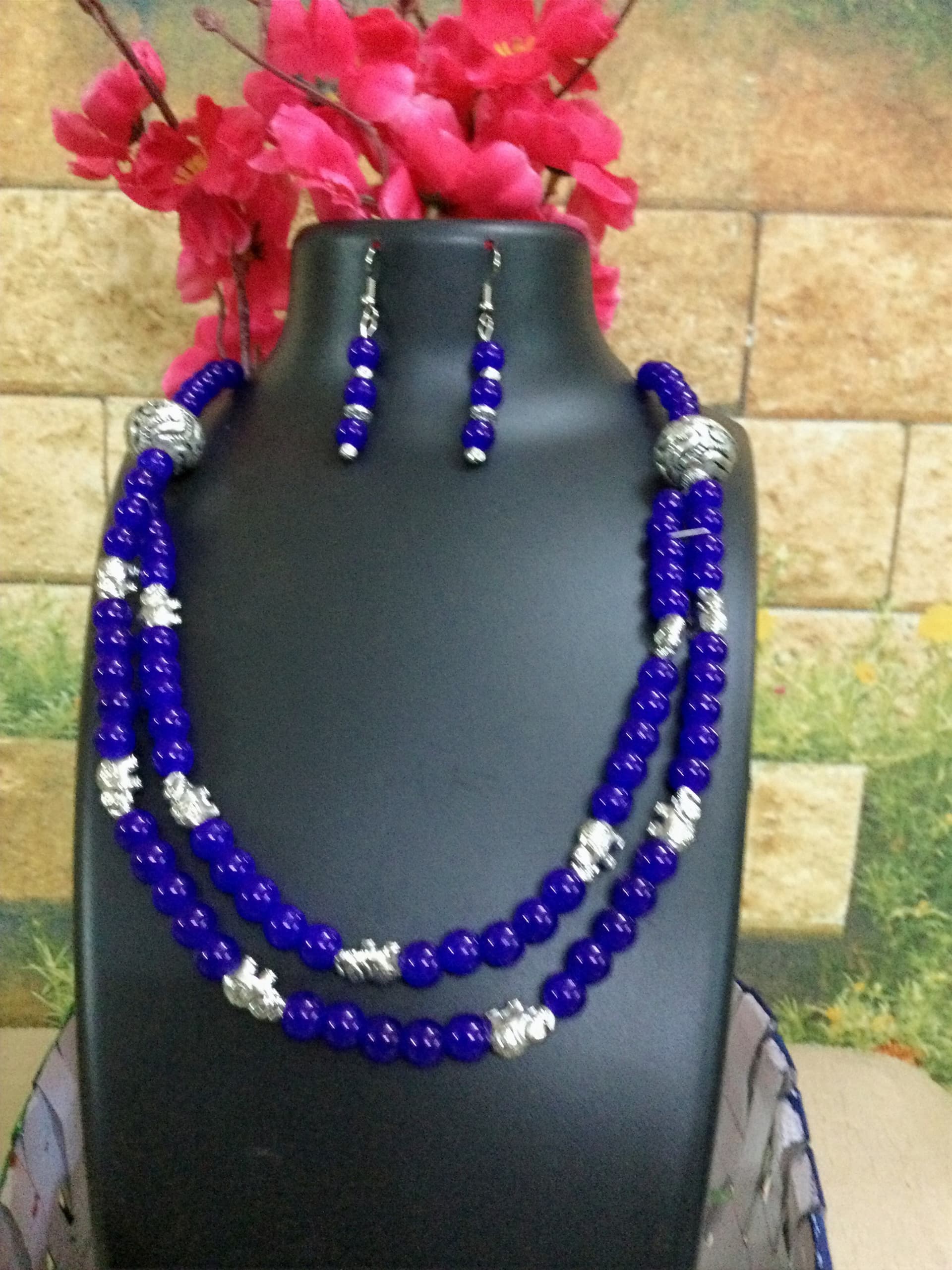 Necklace and earring set — royal blue and white two-strand