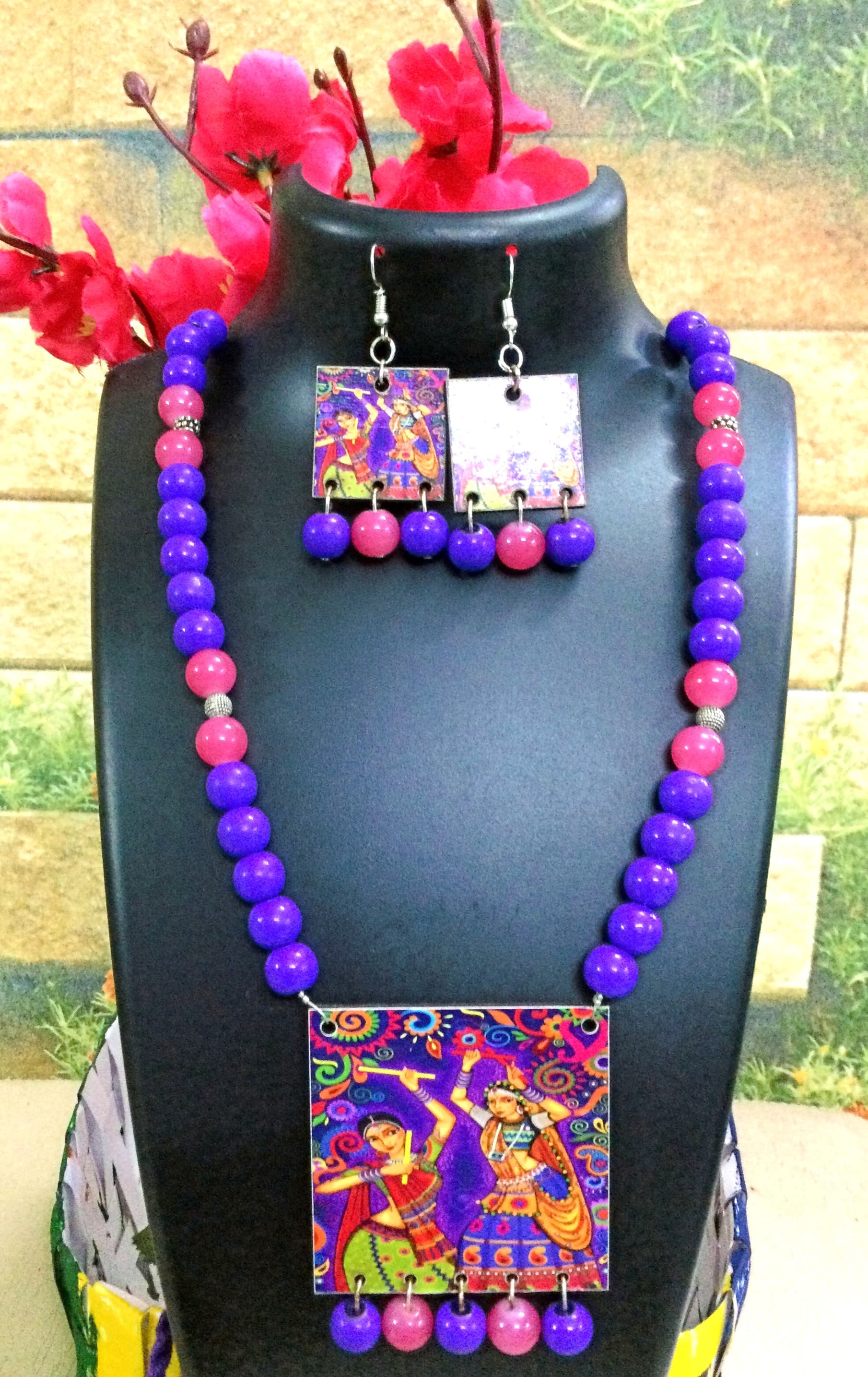 Necklace and earring set — violet and pink with a painted square