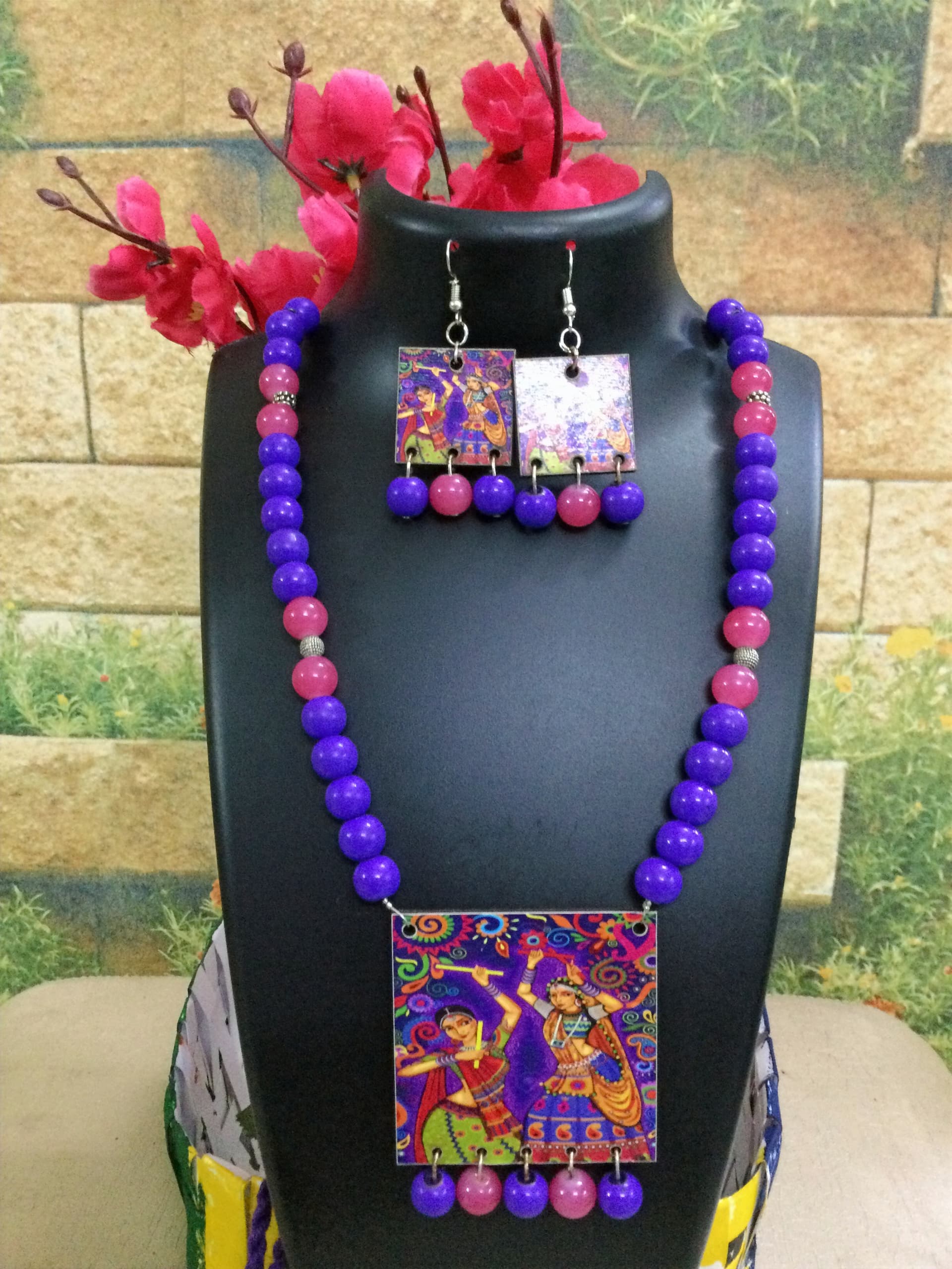 Necklace and earring set — violet and pink with a painted square