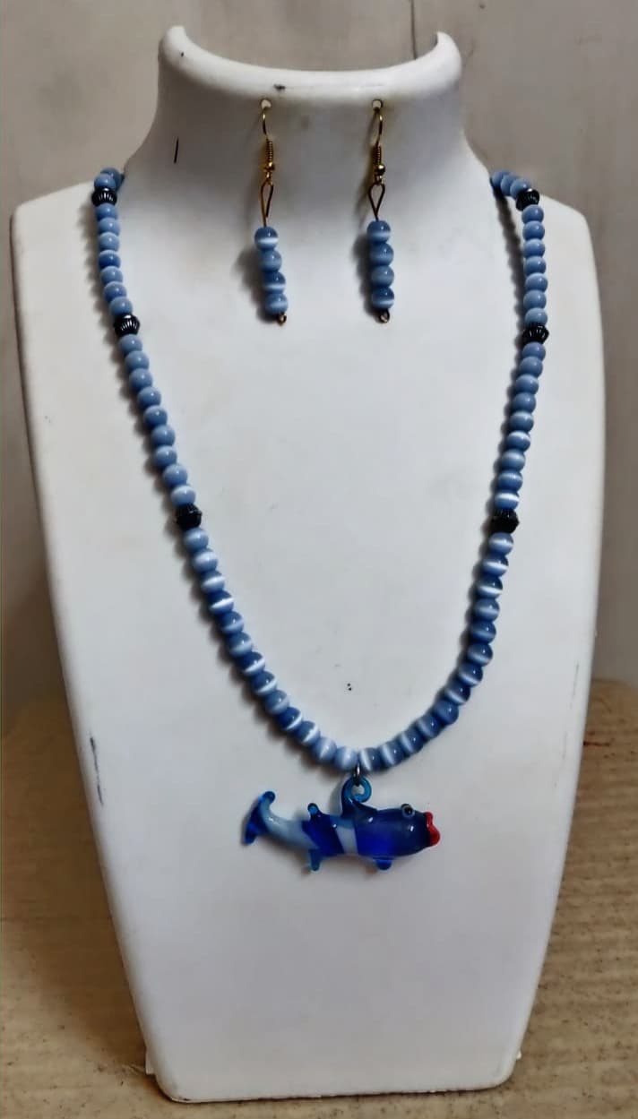 Necklace and earring set — blue with a blue fish pendant