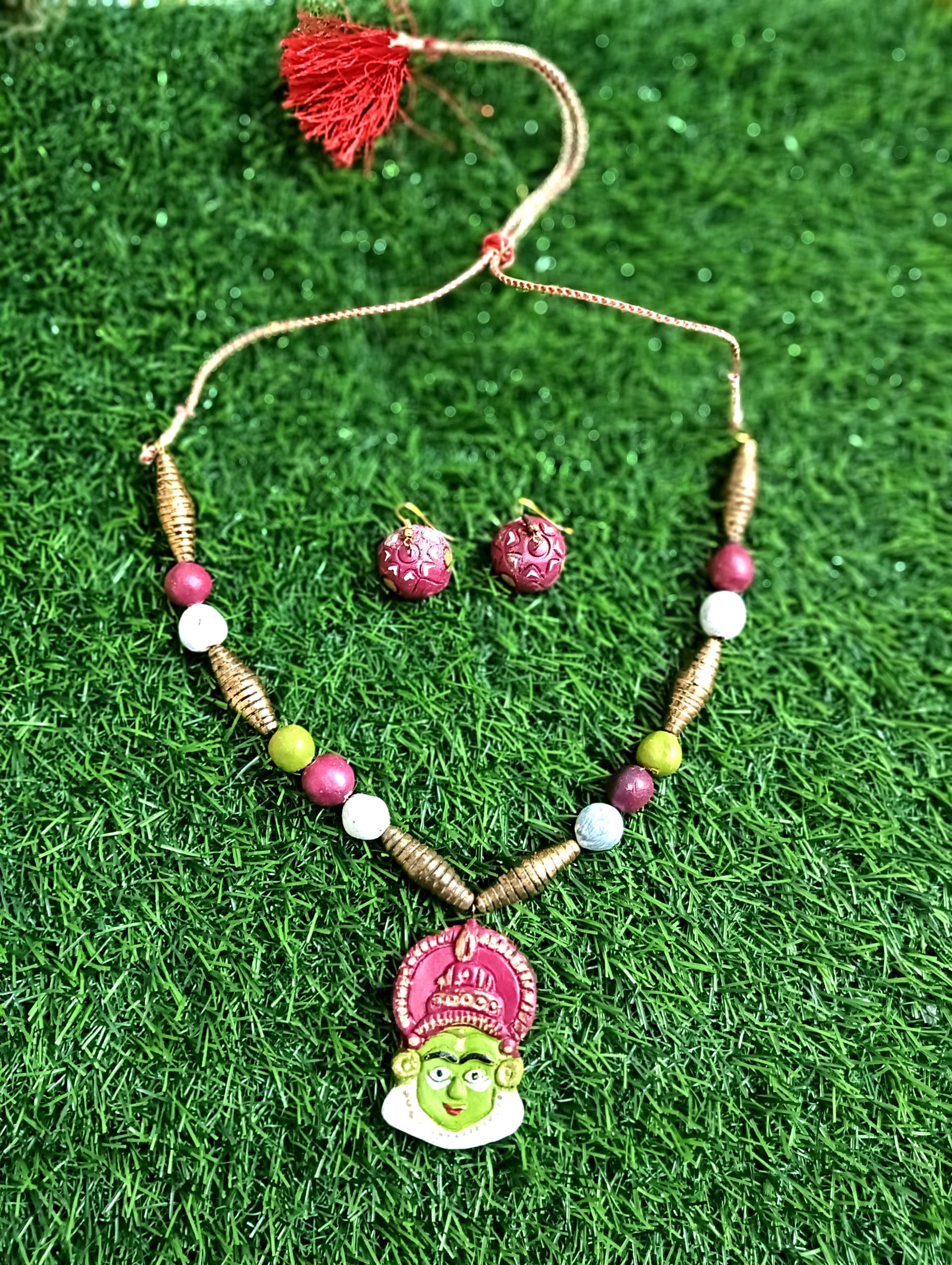 Necklace and earring set — pink and green quilled with a flower pendant