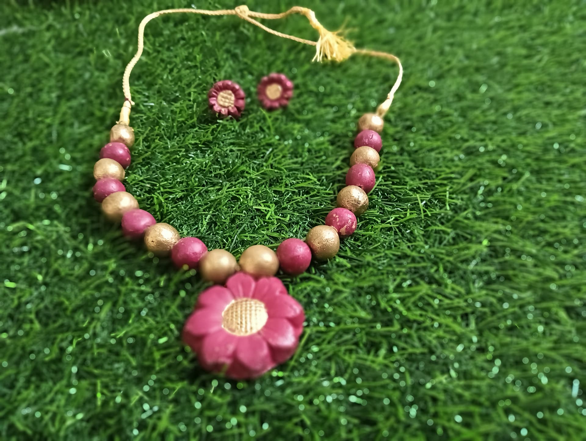 Necklace and earring set — rose pink with a flower pendant