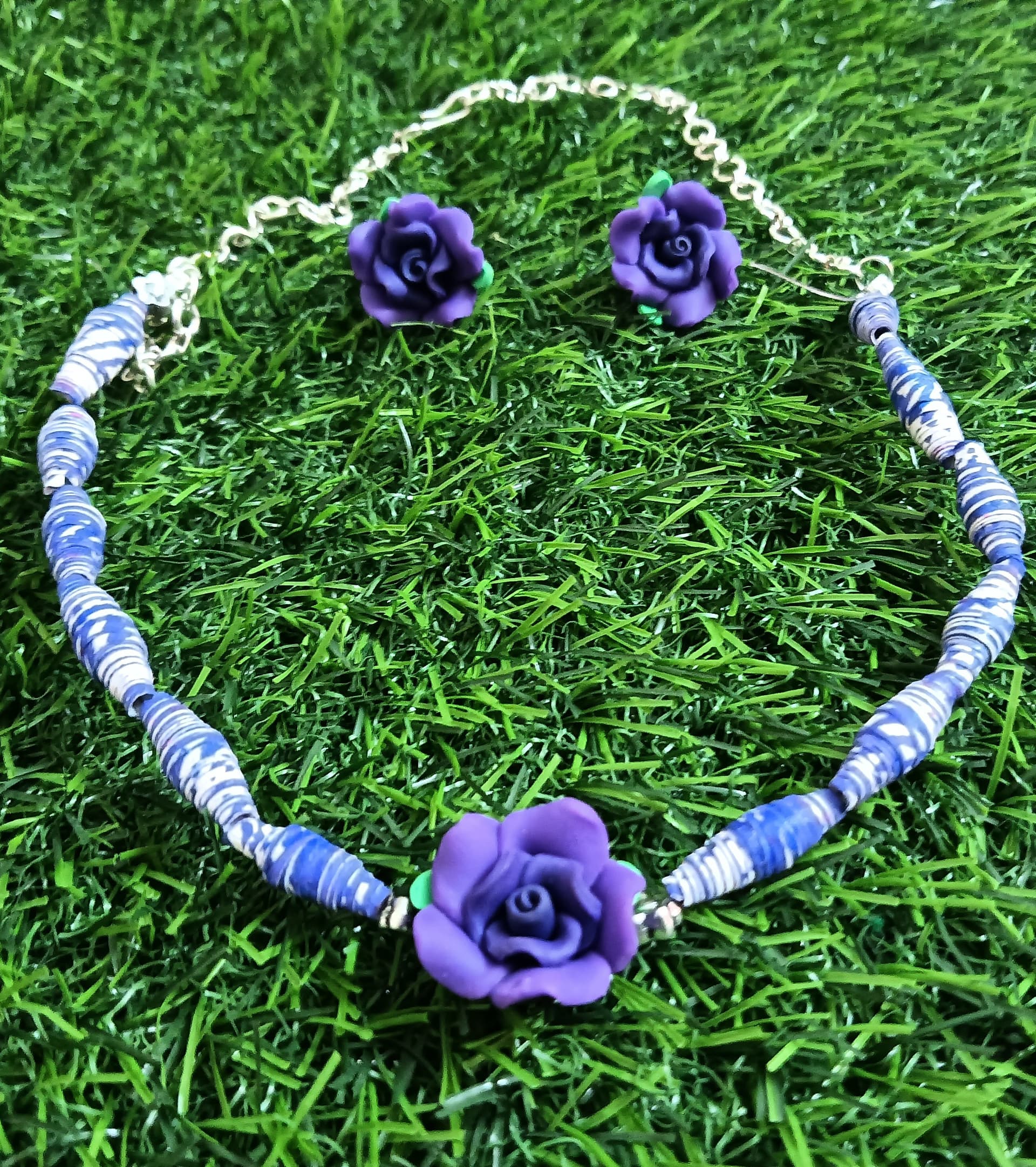 Handmade necklace — lilac thread with violet fabric roses