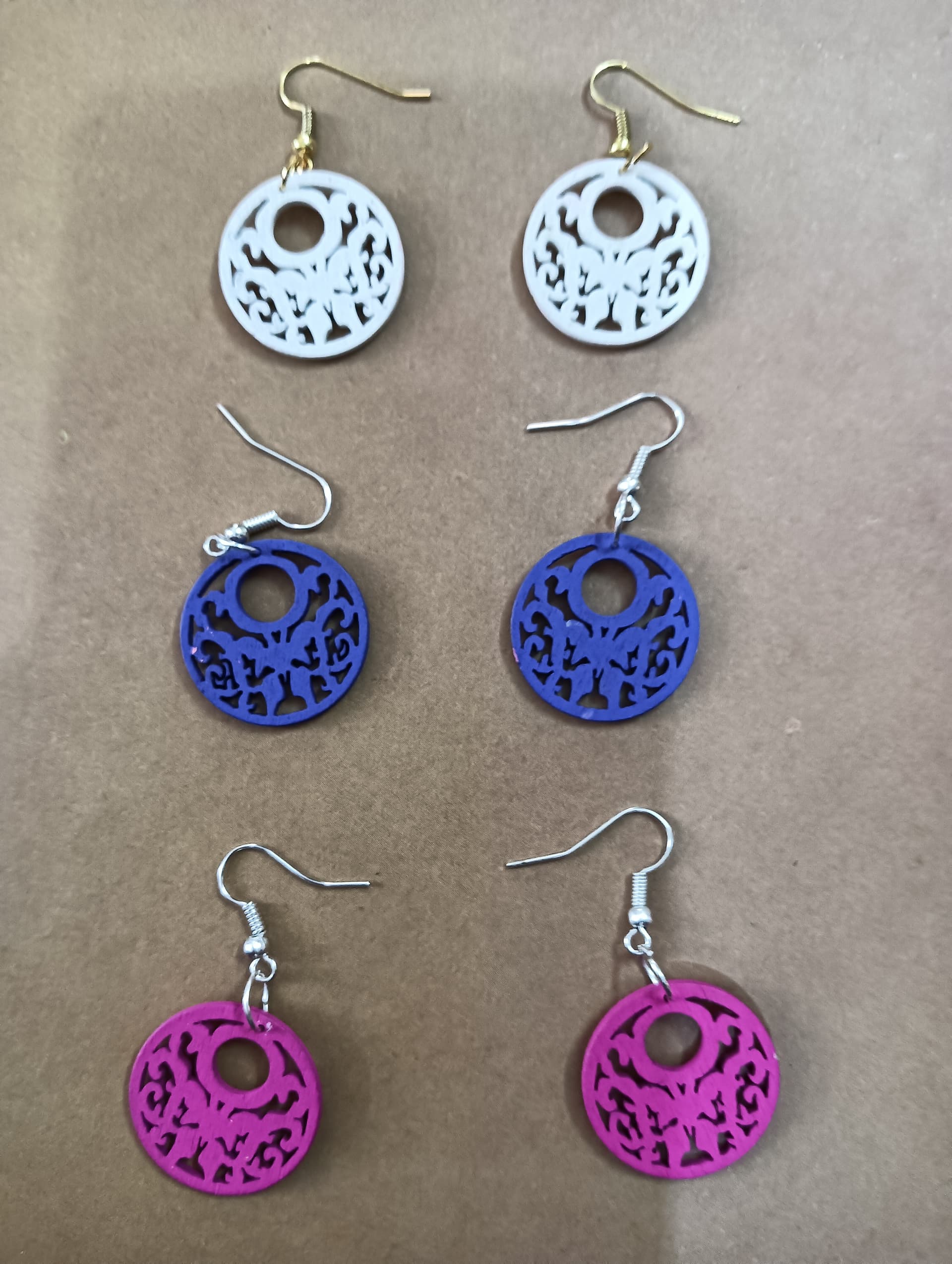 Handmade earrings — blue, violet and pink quilled paper rounds