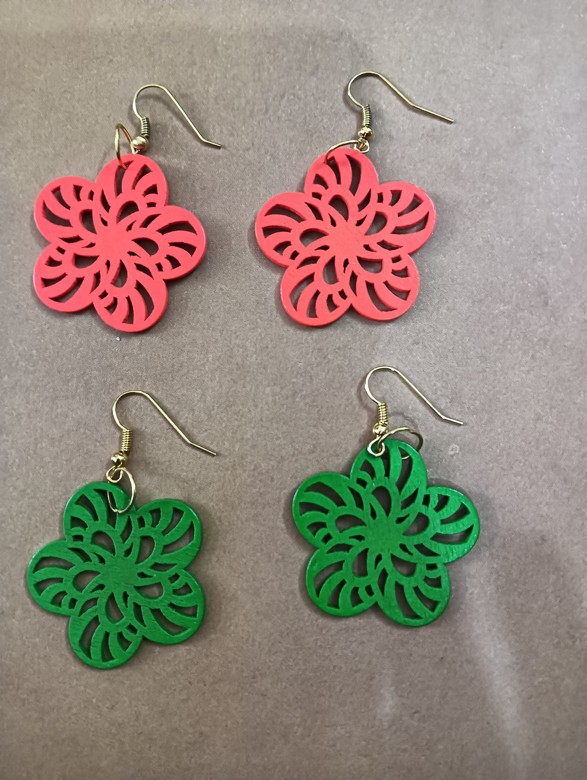 Handmade earrings — pink and green quilled paper flowers