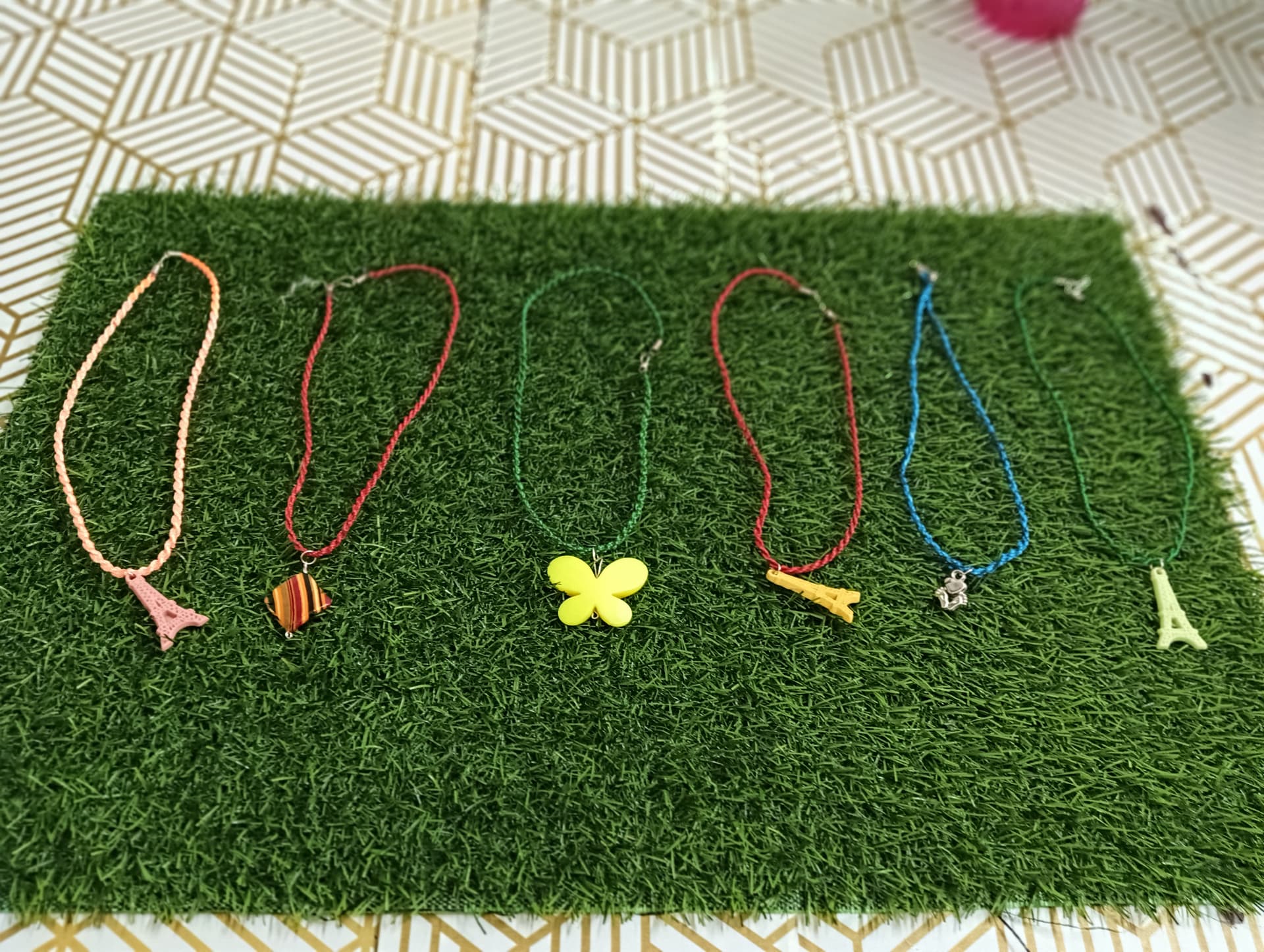 Set of thread necklaces — coral, green and blue thread necklaces with