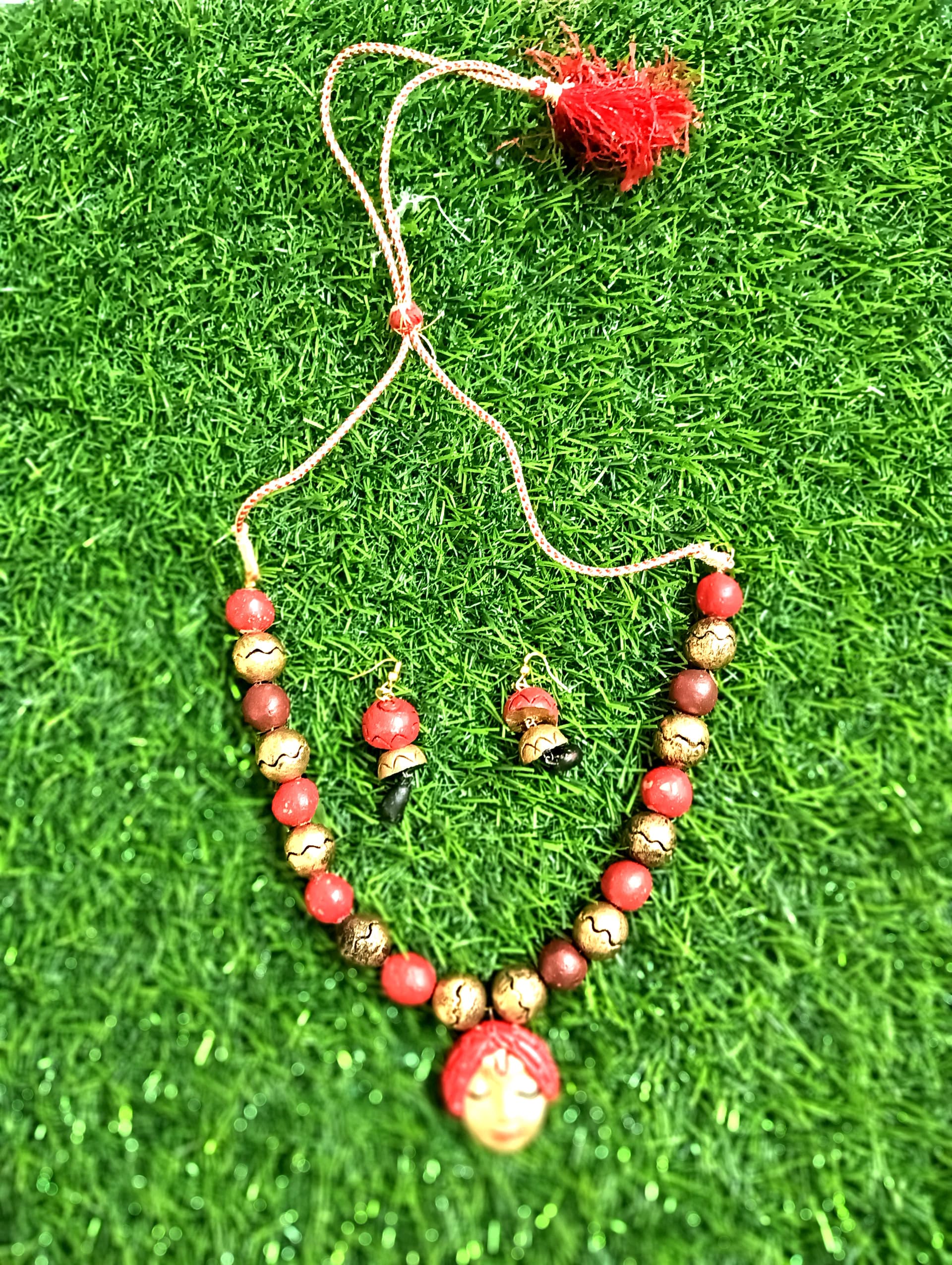 Terracotta necklace and earring set — coral and cream with a round pendant