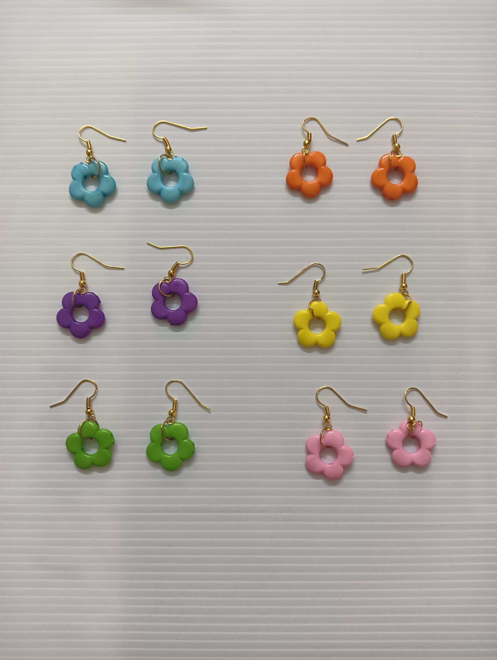 Handmade earrings — pink, orange, violet, green and yellow