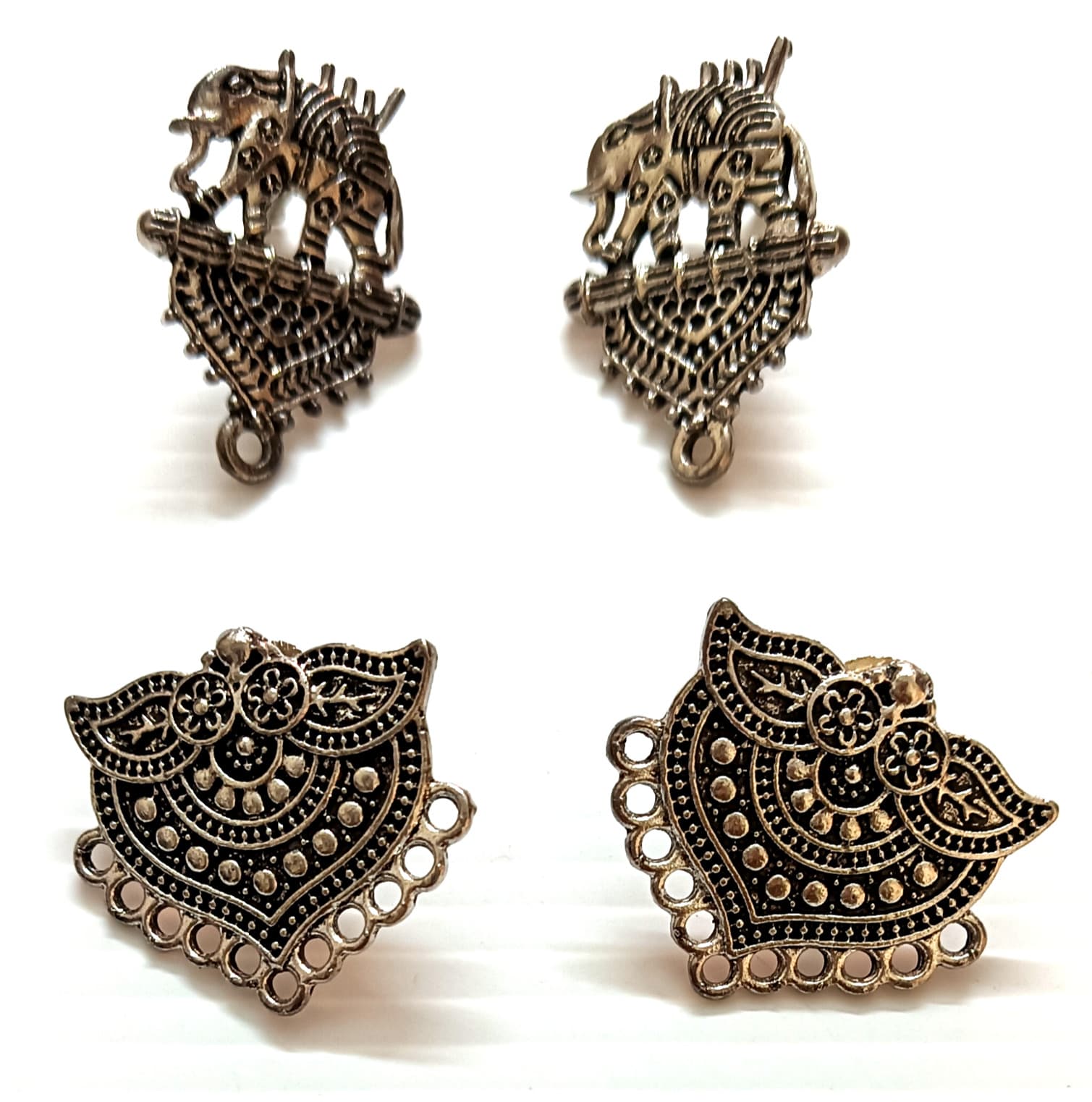 Handmade earrings — oxidised silver elephant and fan drops