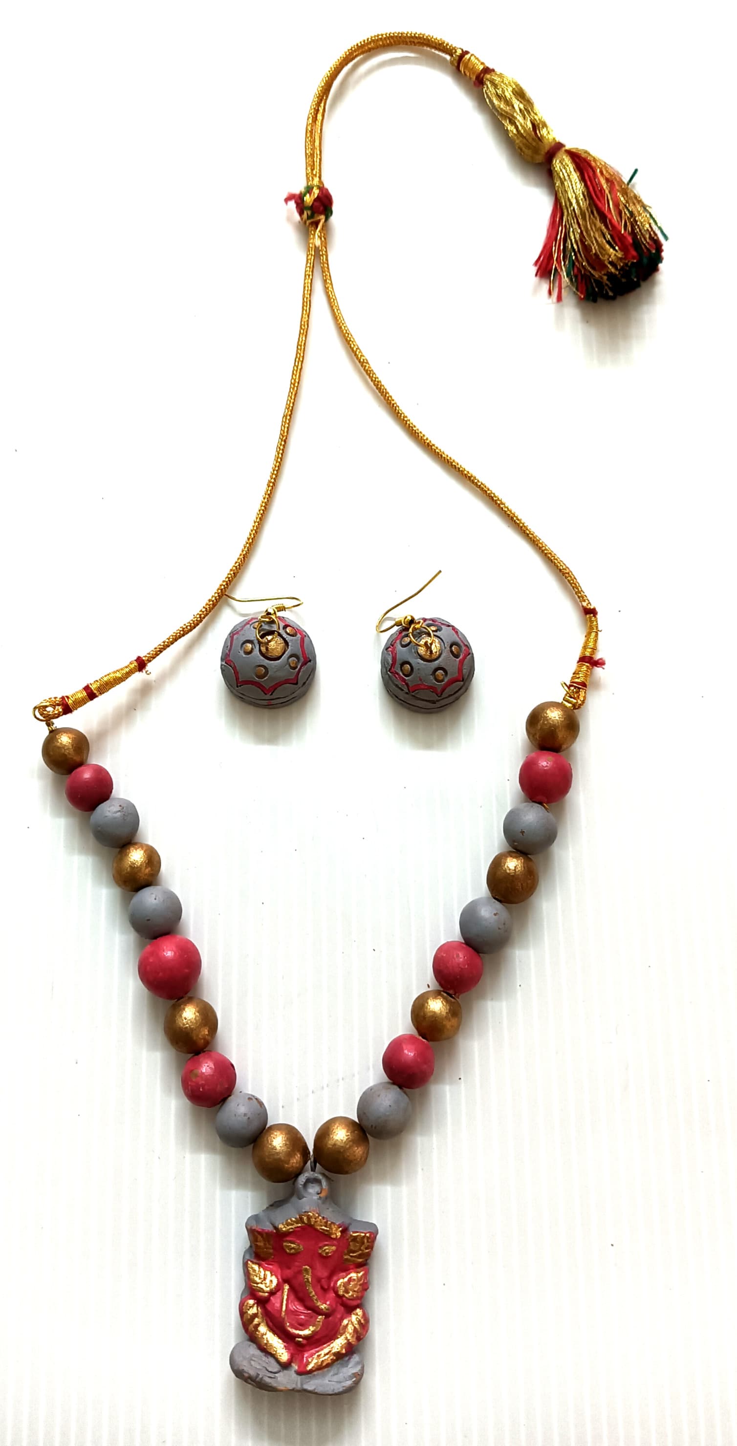 Necklace and earring set — red and gold with a red enamel pendant