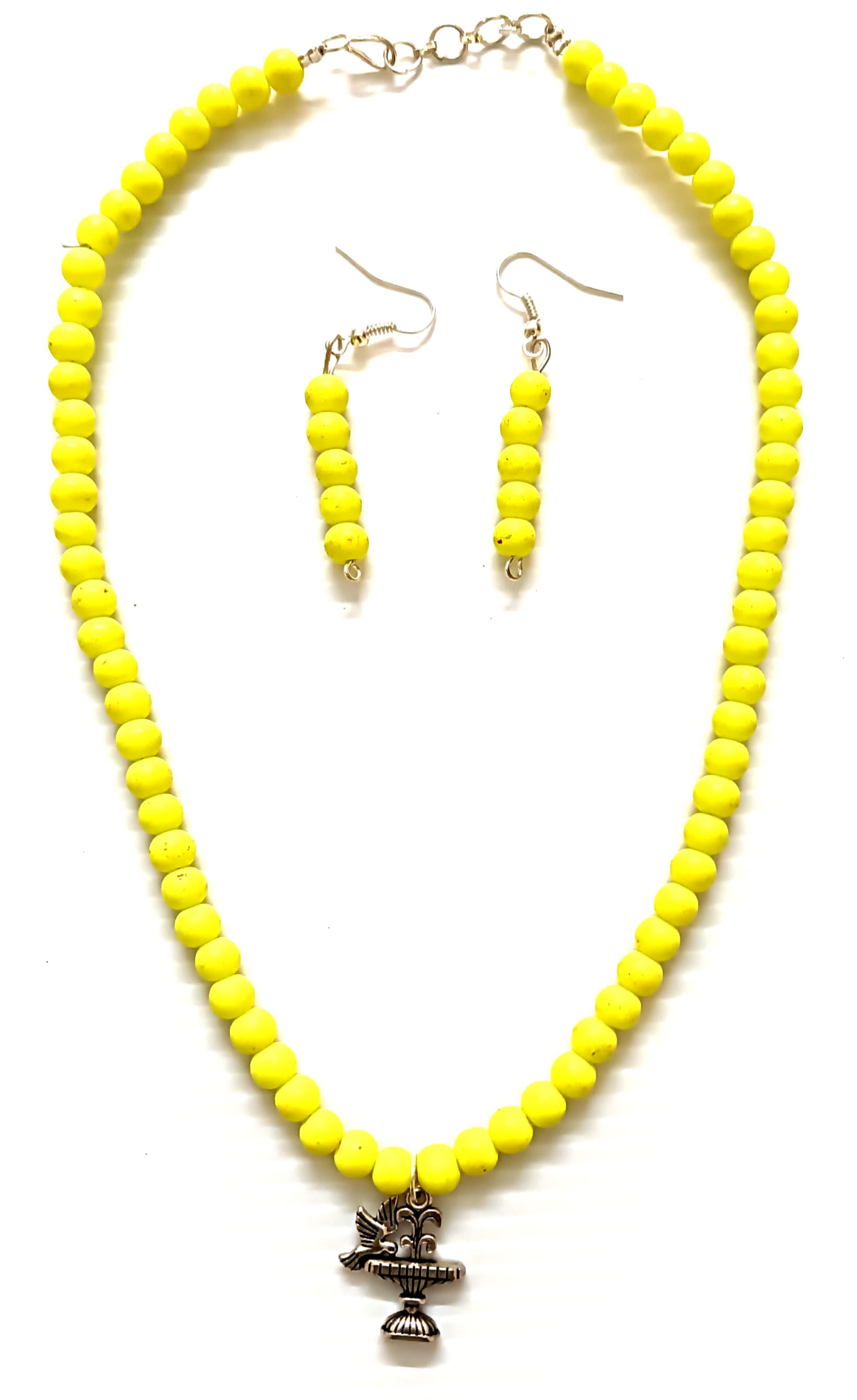 Necklace and earring set — yellow with a brass pendant