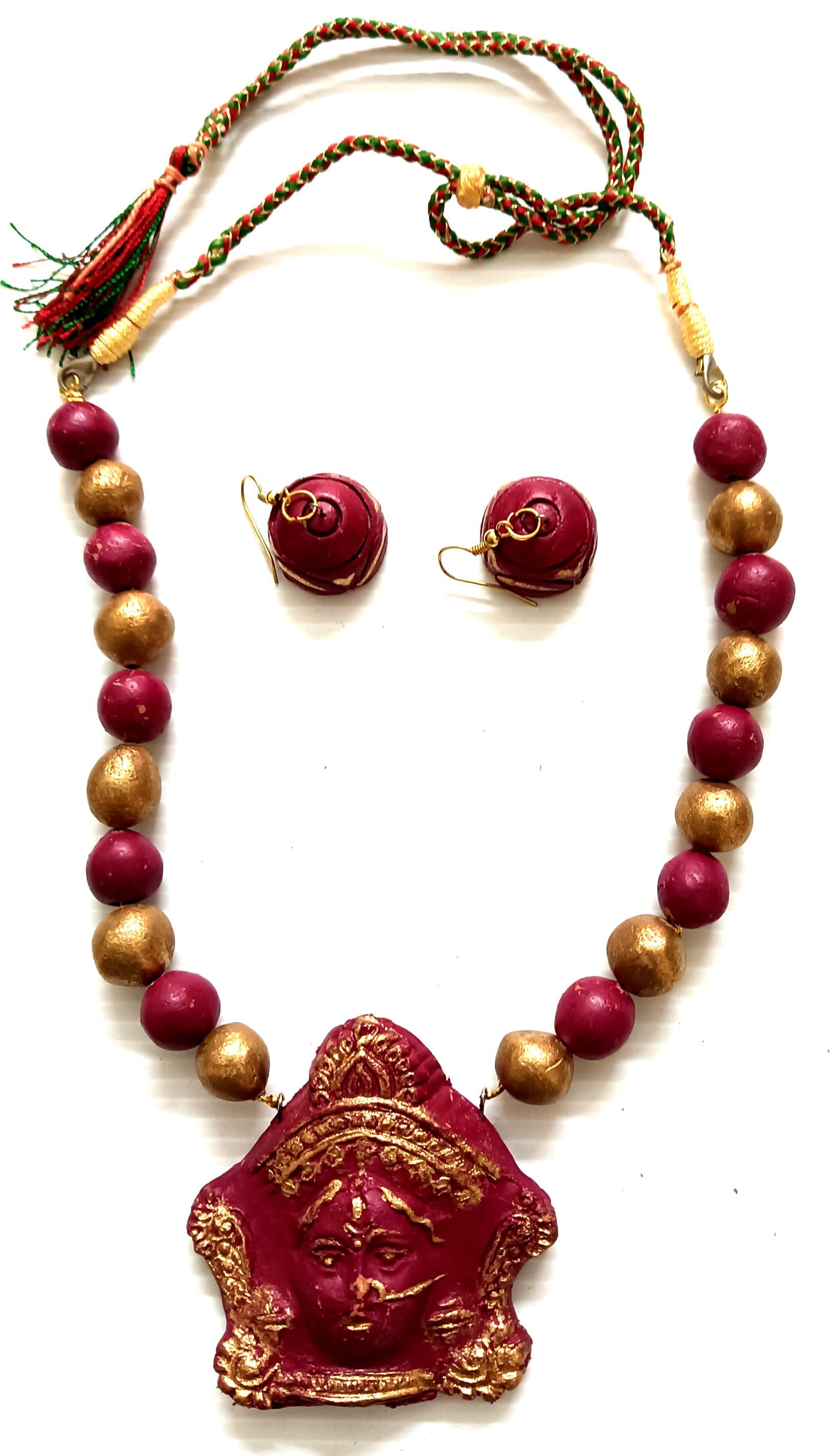 Necklace and earring set — red and gold with a red flower pendant