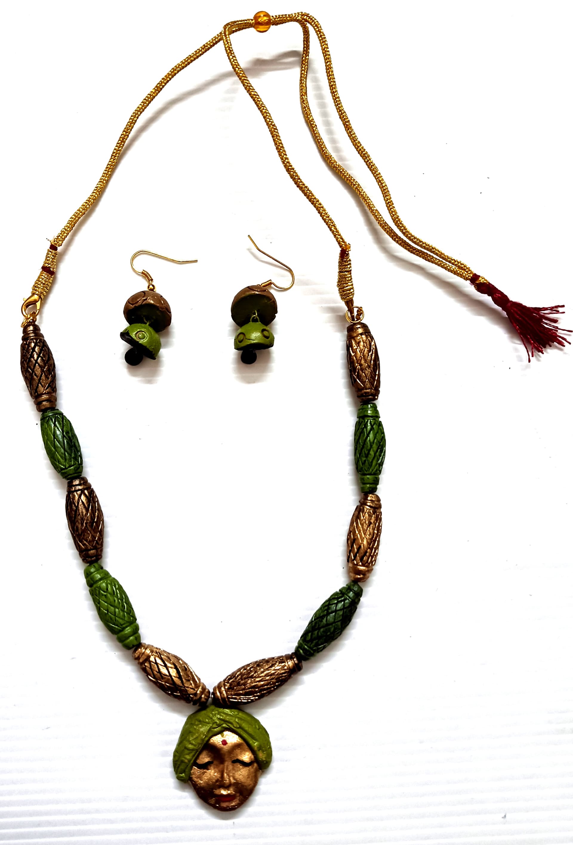 Necklace and earring set — olive and gold with a green pendant