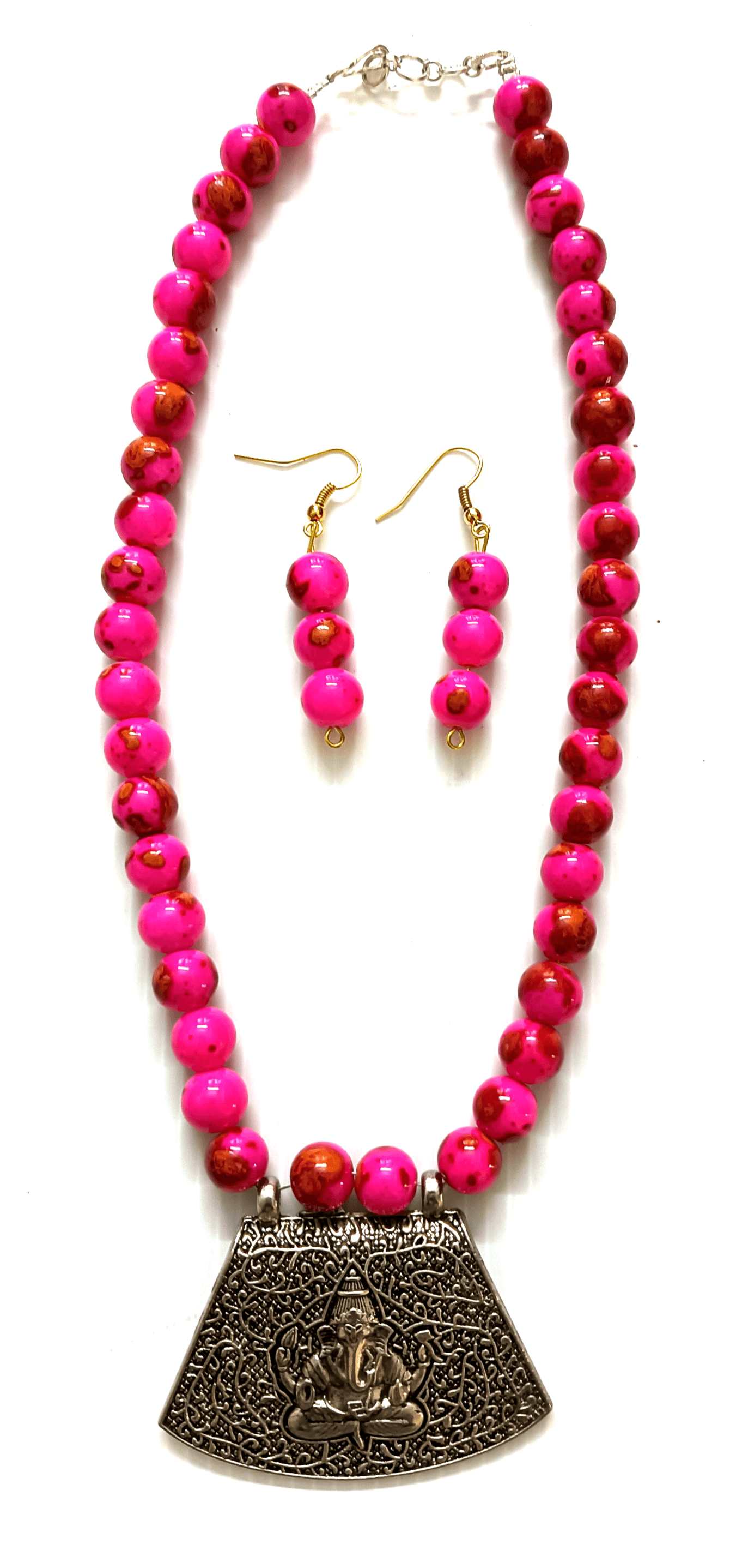 Necklace and earring set — magenta with a brass fan pendant