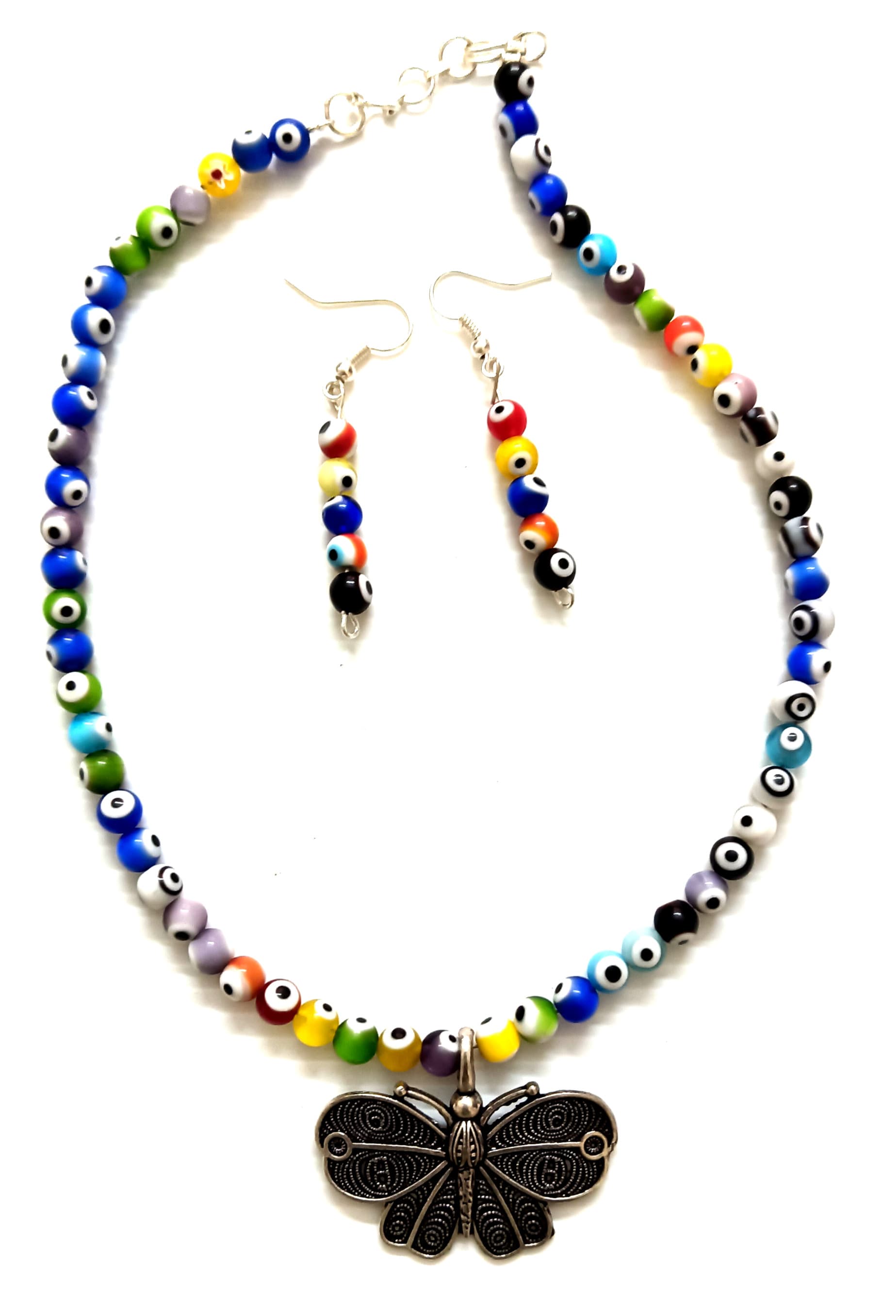 Necklace and earring set — multicolour with a black butterfly pendant