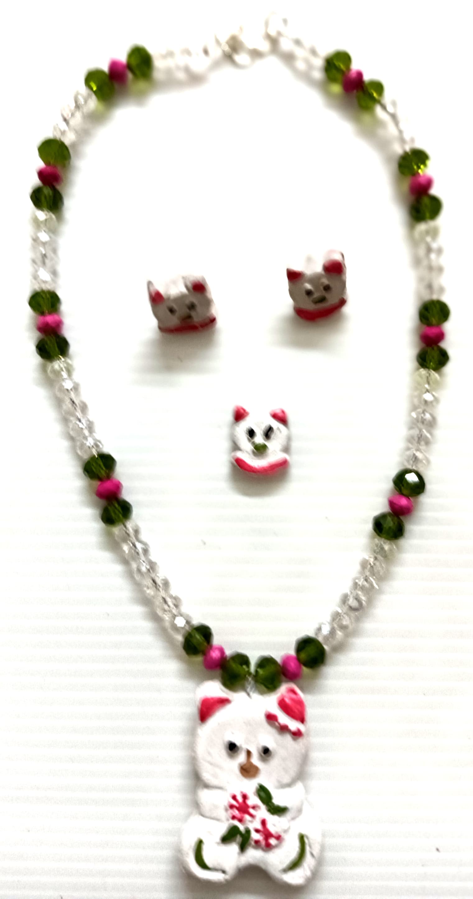 Necklace and earring set — white and green with a painted cat pendant