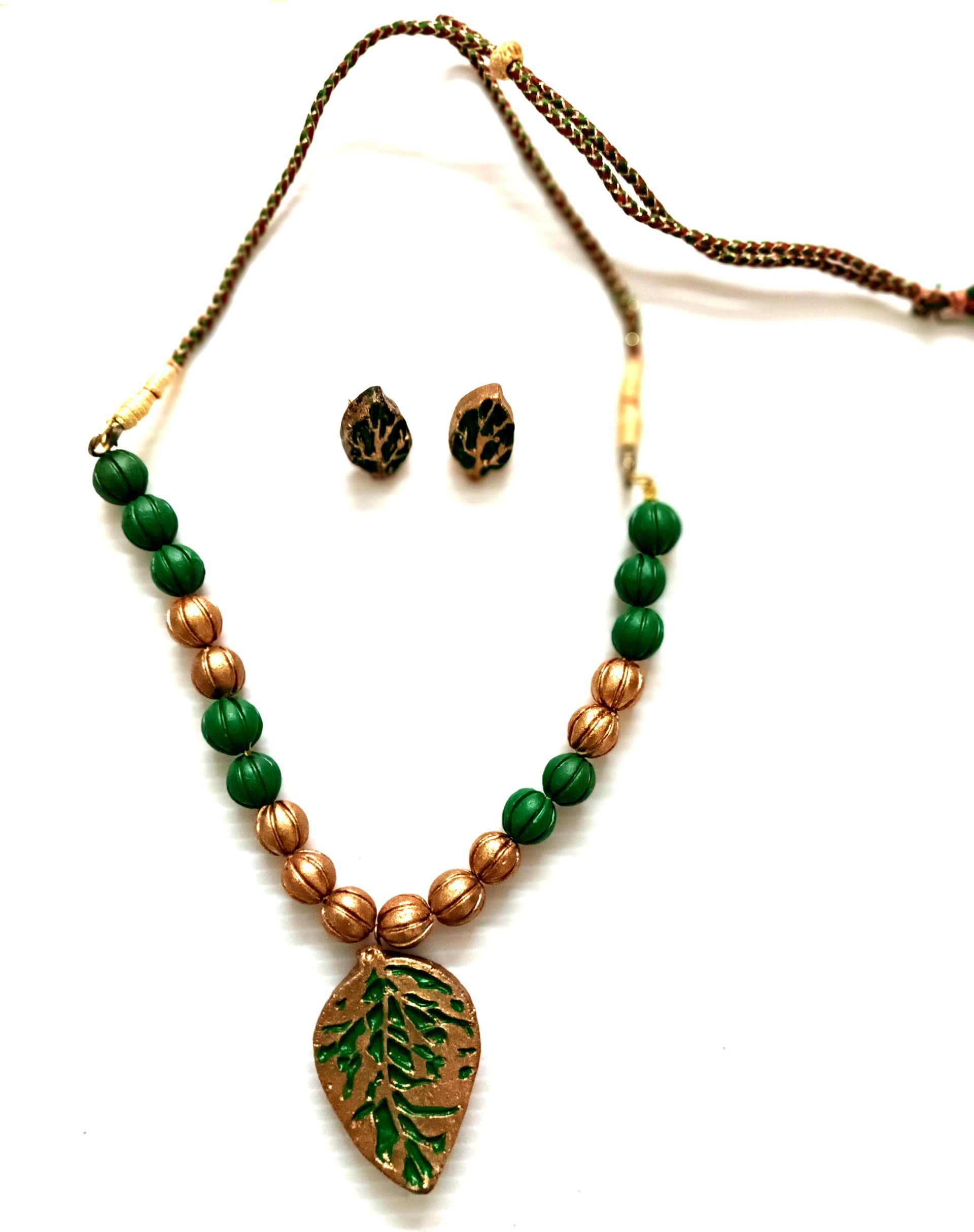 Terracotta necklace and earring set — green with a brass leaf pendant