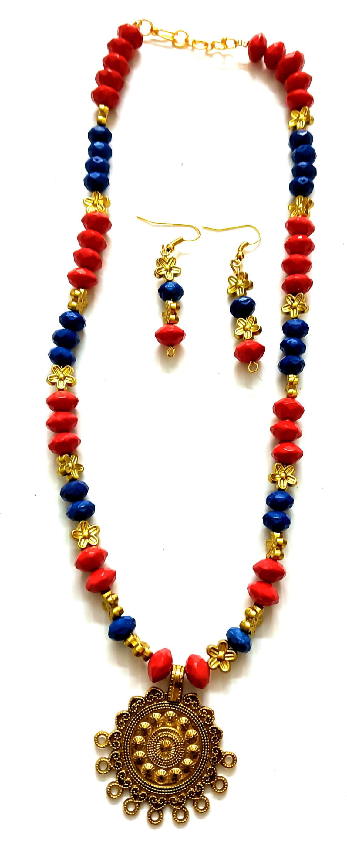 Necklace and earring set — red and blue with a brass flower pendant
