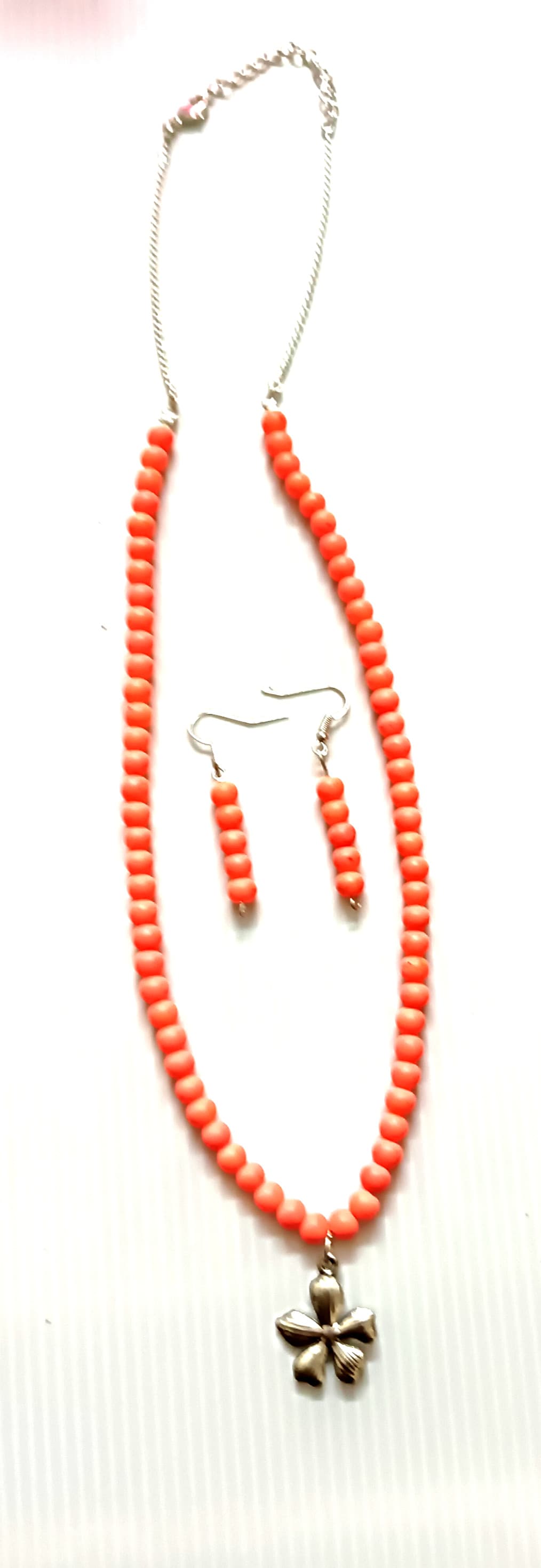 Necklace and earring set — coral with a small pendant