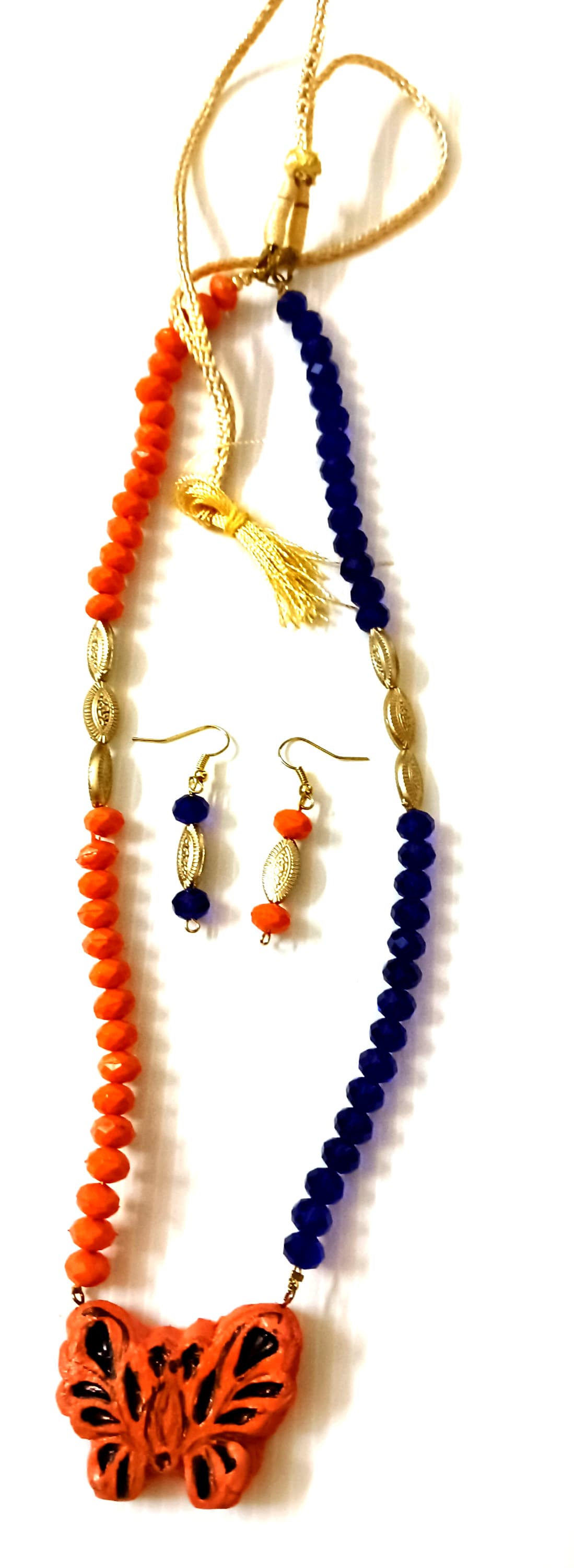 Necklace and earring set — orange, red and navy with an orange