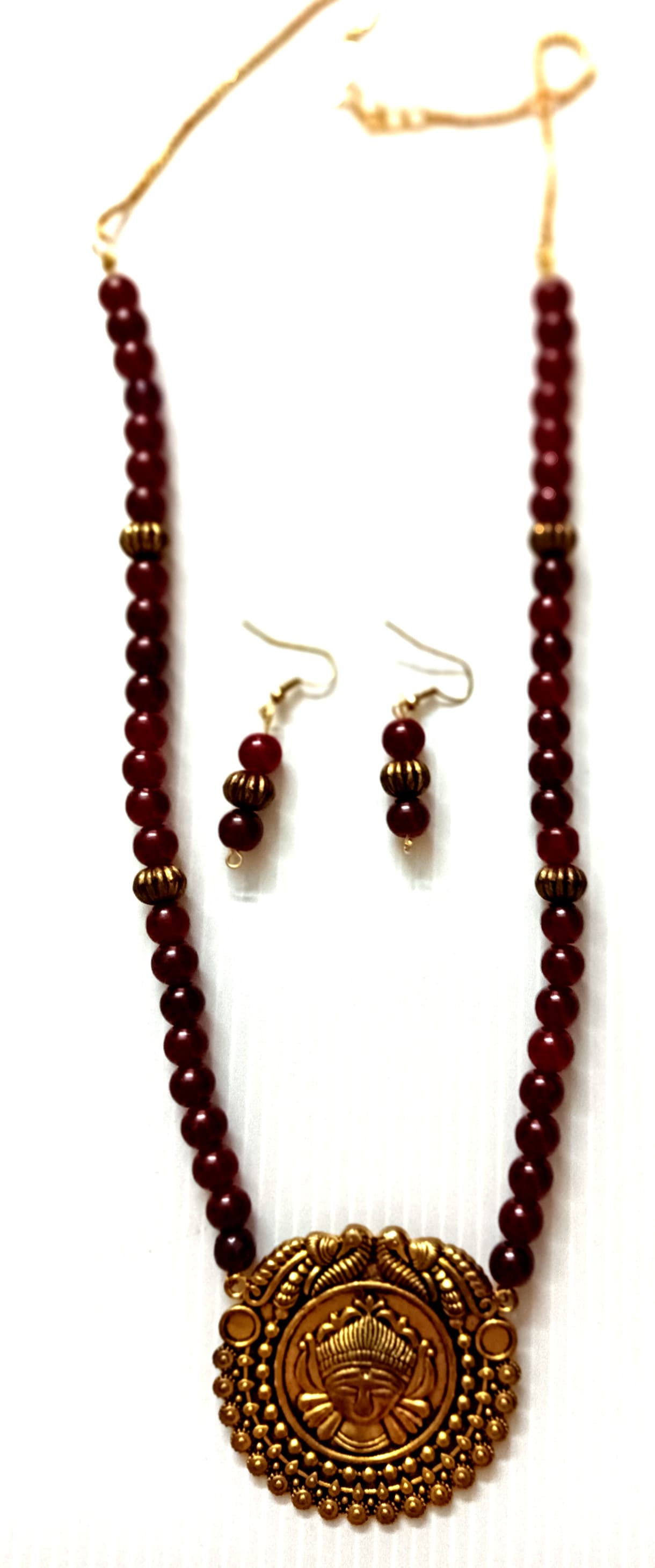 Necklace and earring set — wine and brown with a brass medallion