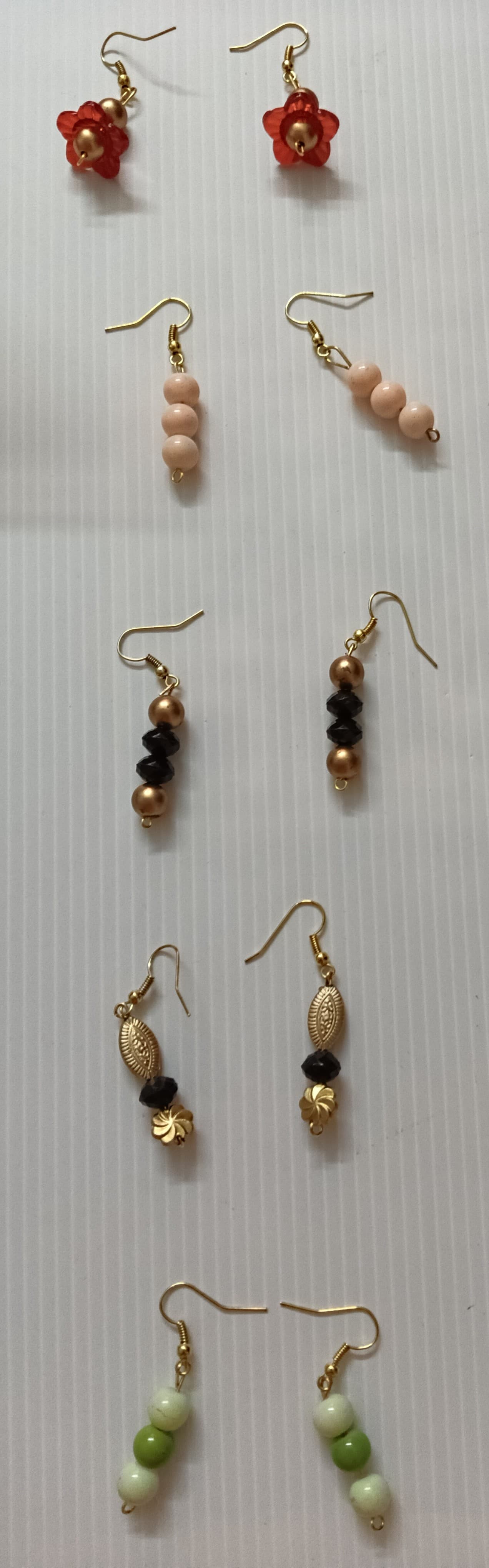 Handmade earrings — coral, green and violet beaded drops