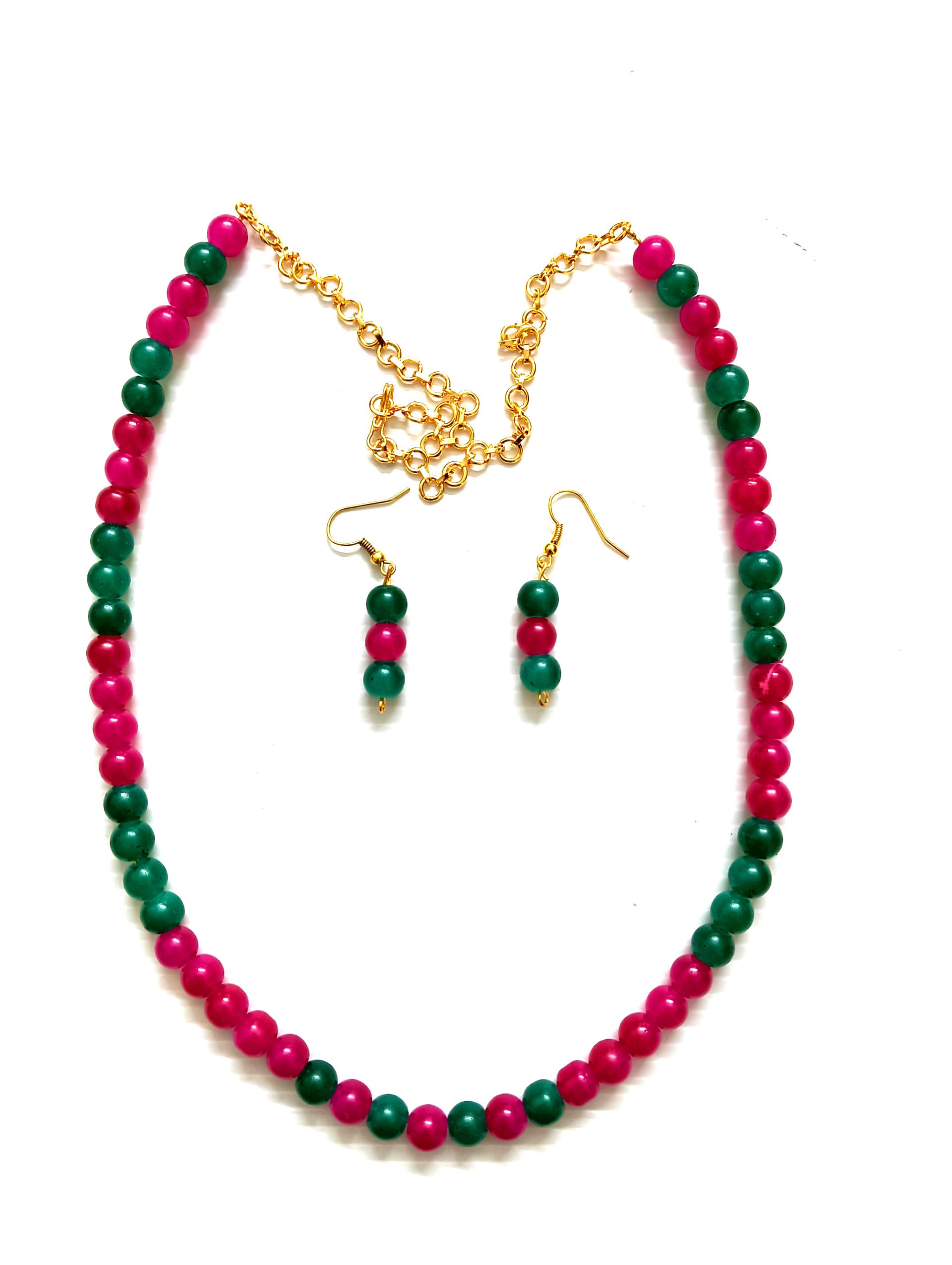 Necklace and earring set — green and magenta